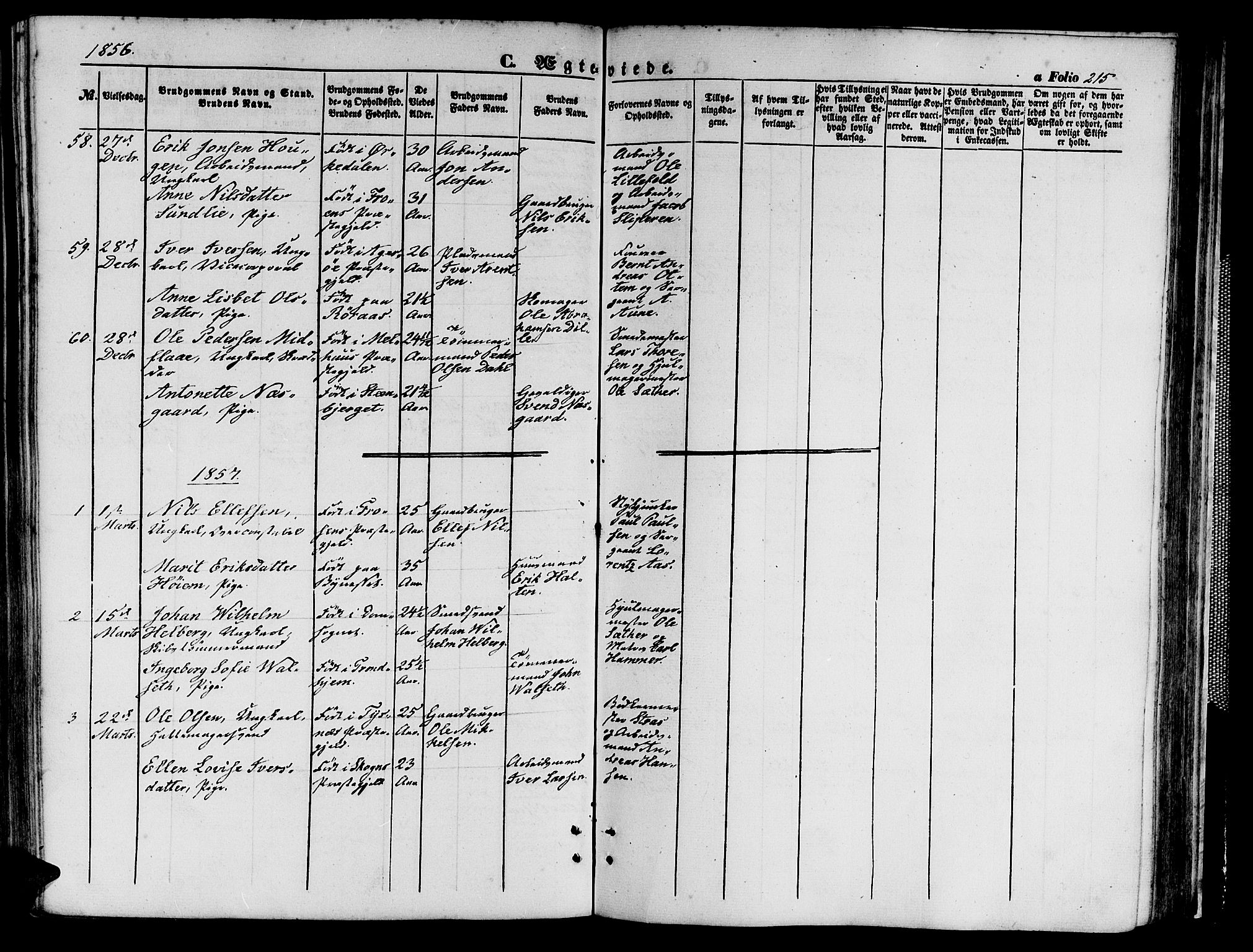 Ministerialprotokoller, klokkerbøker og fødselsregistre - Sør-Trøndelag, SAT/A-1456/602/L0138: Parish register (copy) no. 602C06, 1853-1858, p. 215
