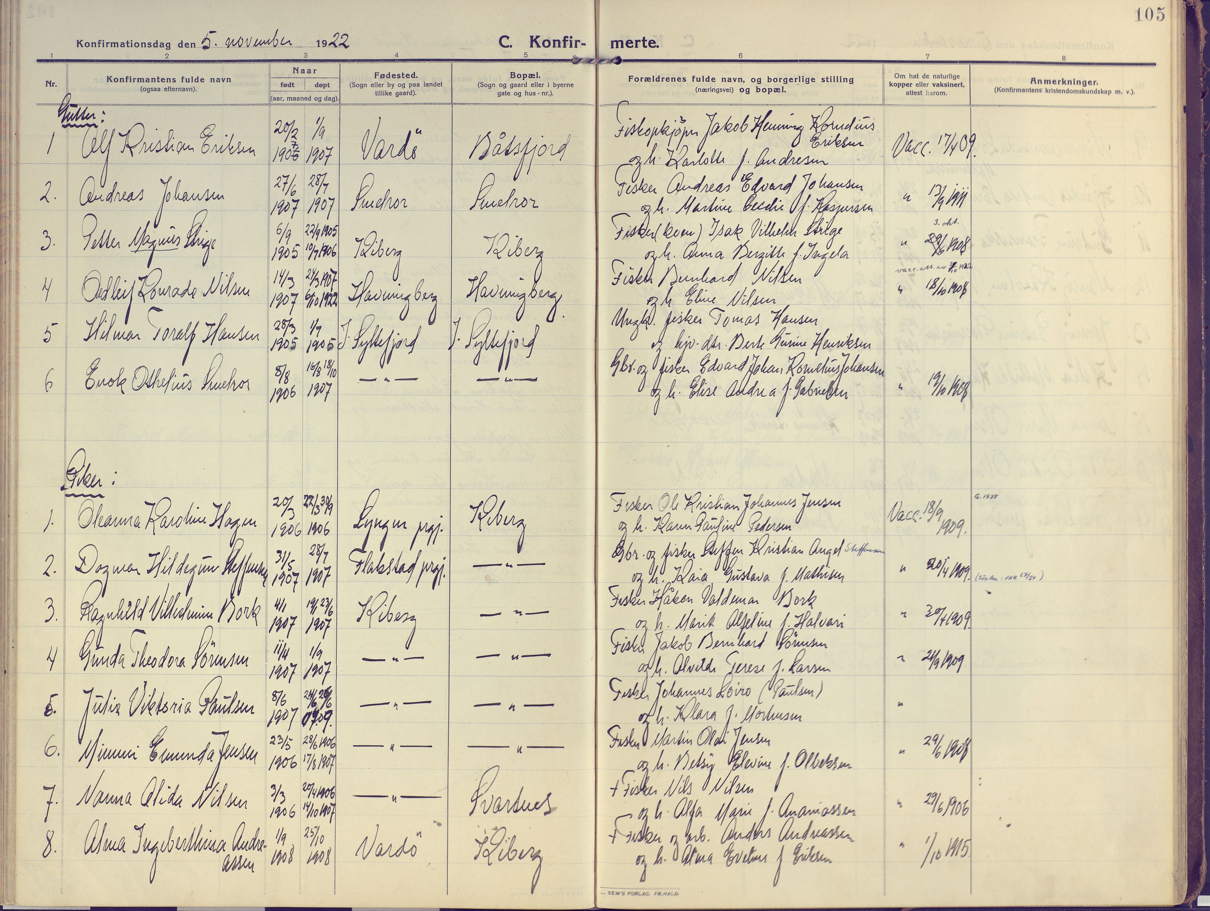 Vardø sokneprestkontor, AV/SATØ-S-1332/H/Ha/L0013kirke: Parish register (official) no. 13, 1912-1928, p. 105