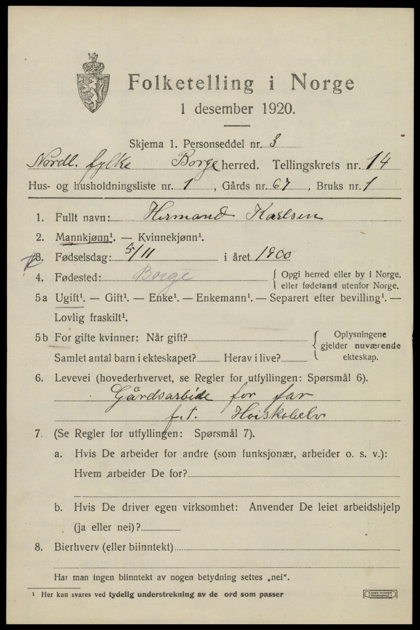 SAT, 1920 census for Borge, 1920, p. 10611