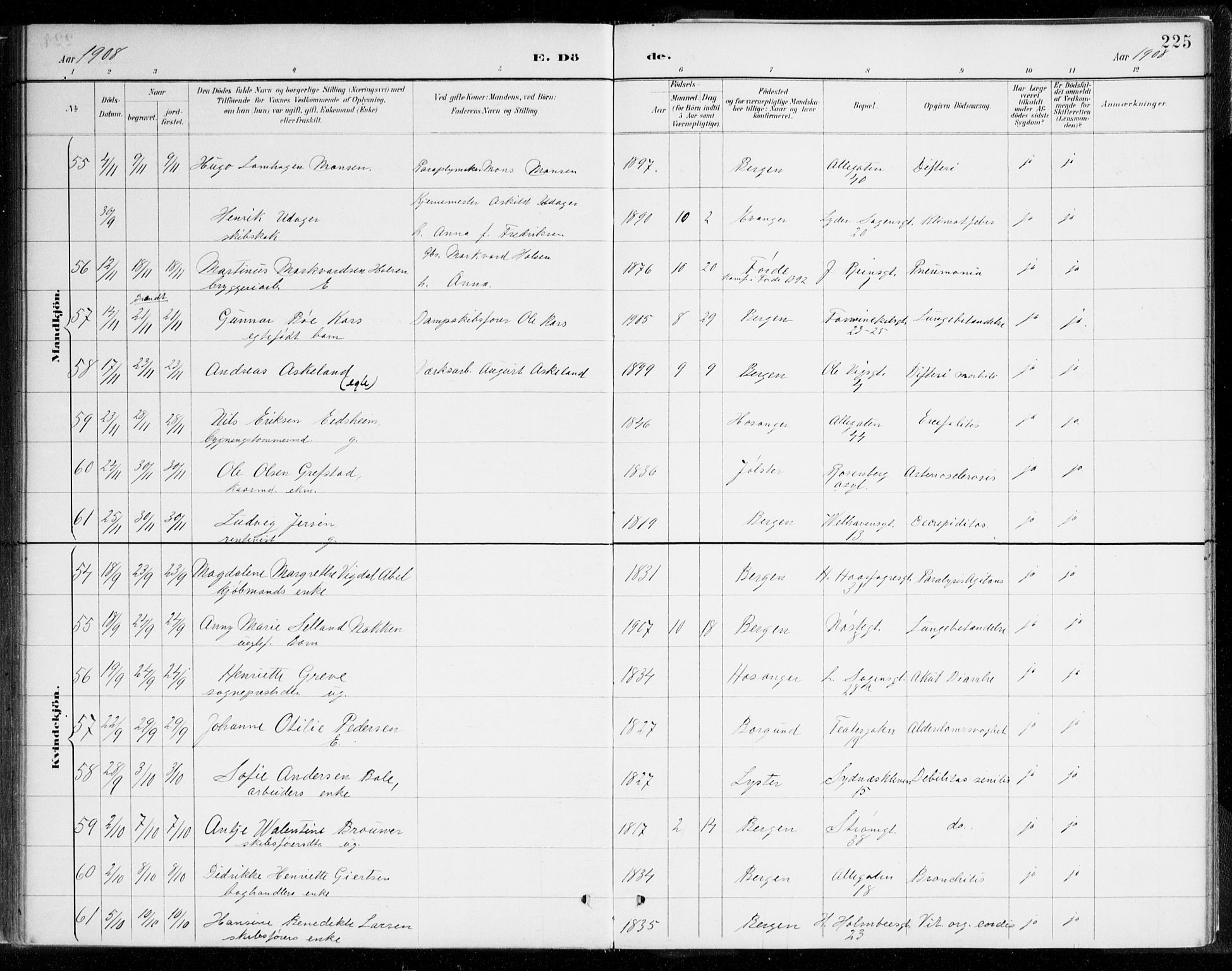 Johanneskirken sokneprestembete, AV/SAB-A-76001/H/Haa/L0019: Parish register (official) no. E 1, 1885-1915, p. 225