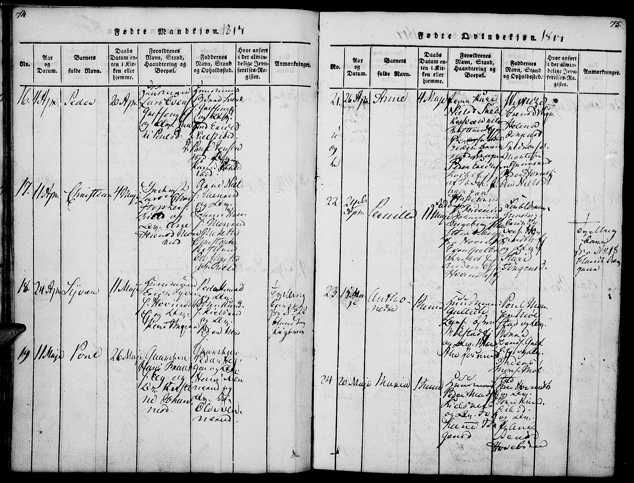 Nes prestekontor, Hedmark, AV/SAH-PREST-020/K/Ka/L0002: Parish register (official) no. 2, 1813-1827, p. 74-75