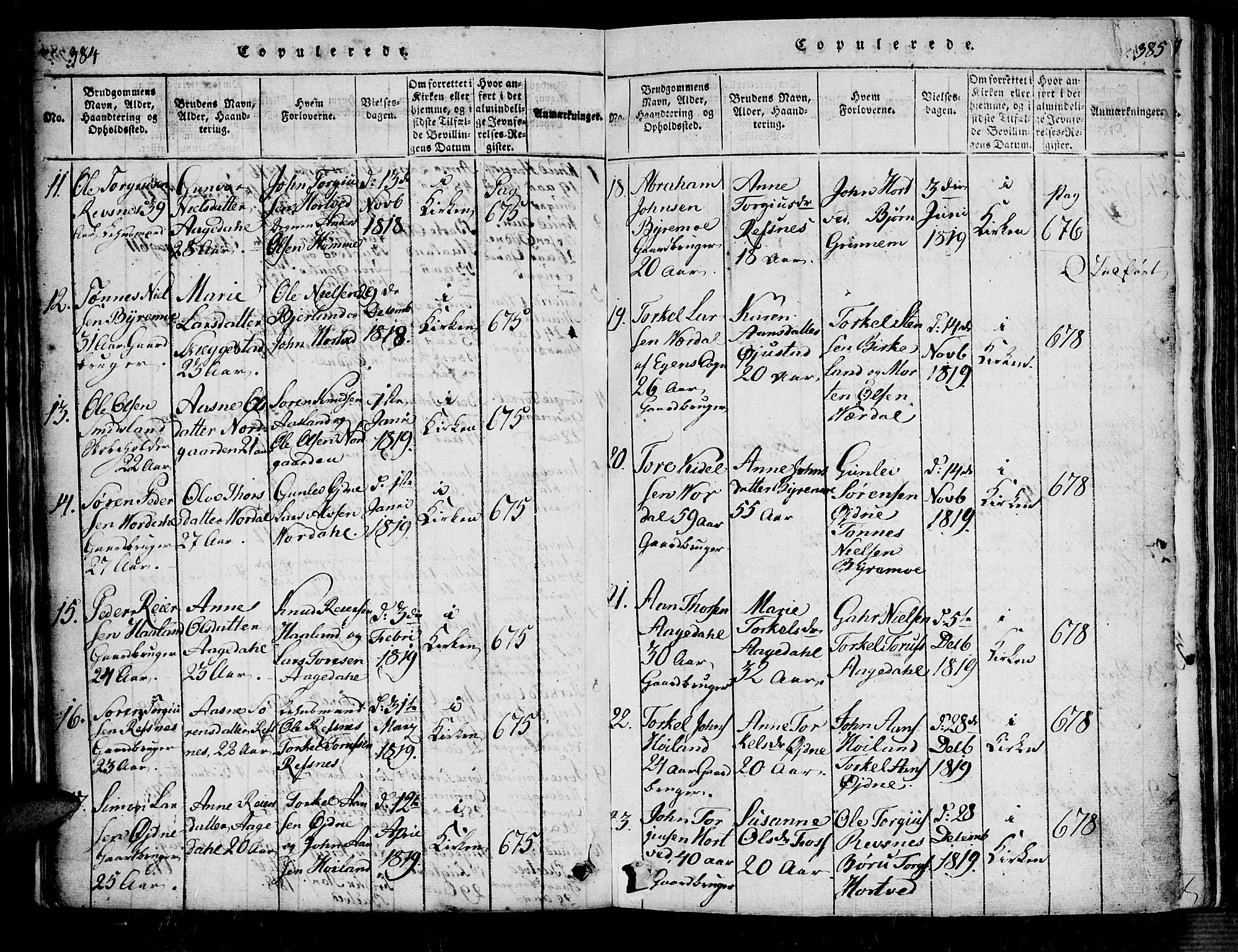 Bjelland sokneprestkontor, SAK/1111-0005/F/Fa/Fac/L0001: Parish register (official) no. A 1, 1815-1866, p. 384-385