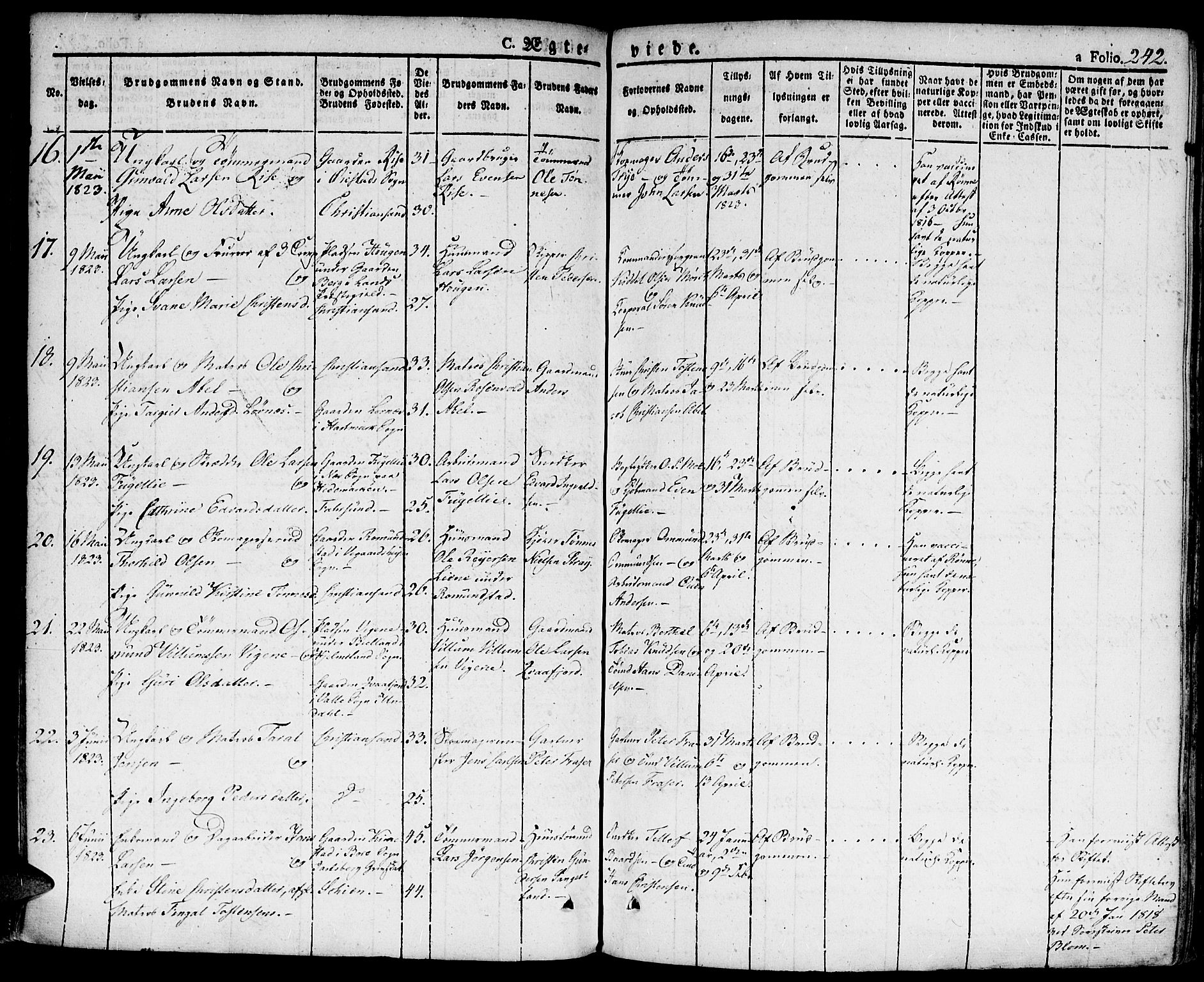 Kristiansand domprosti, SAK/1112-0006/F/Fa/L0009: Parish register (official) no. A 9, 1821-1827, p. 242