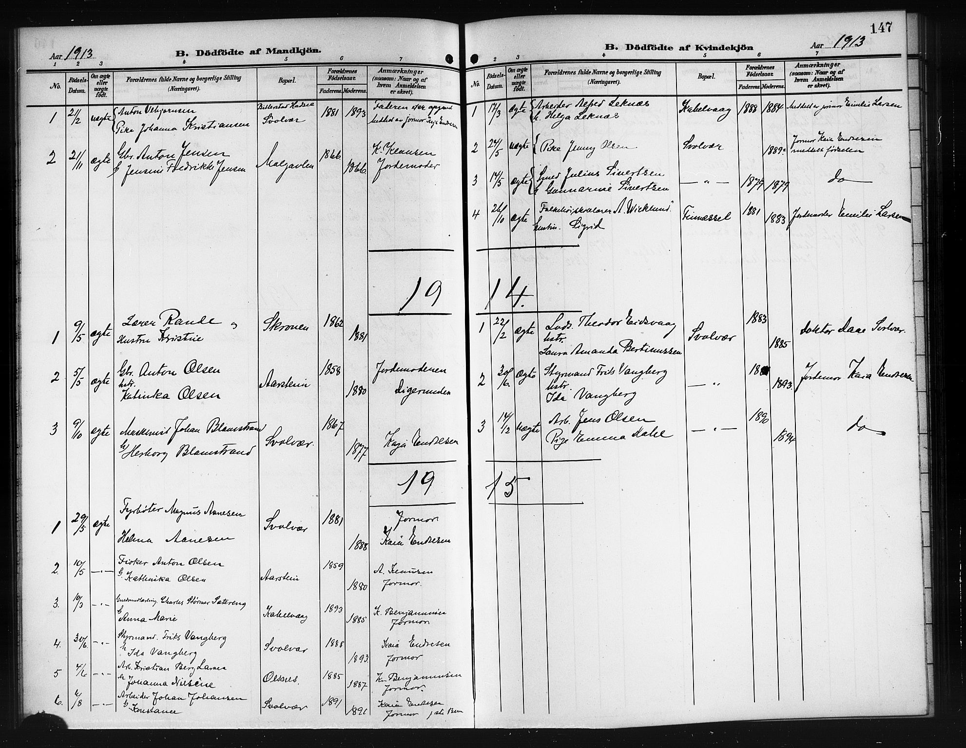 Ministerialprotokoller, klokkerbøker og fødselsregistre - Nordland, SAT/A-1459/874/L1079: Parish register (copy) no. 874C08, 1907-1915, p. 147