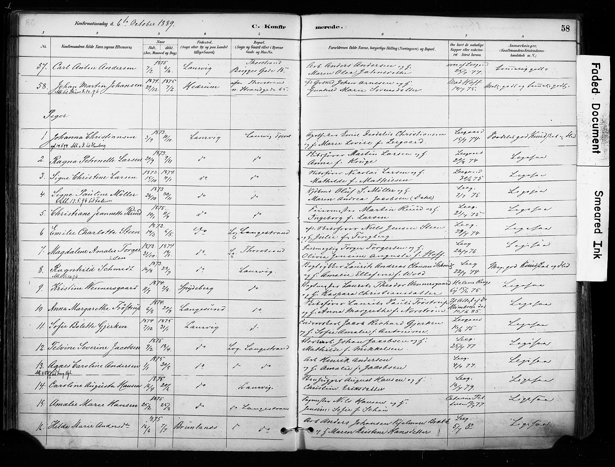 Larvik kirkebøker, AV/SAKO-A-352/F/Fa/L0008: Parish register (official) no. I 8, 1884-1902, p. 58