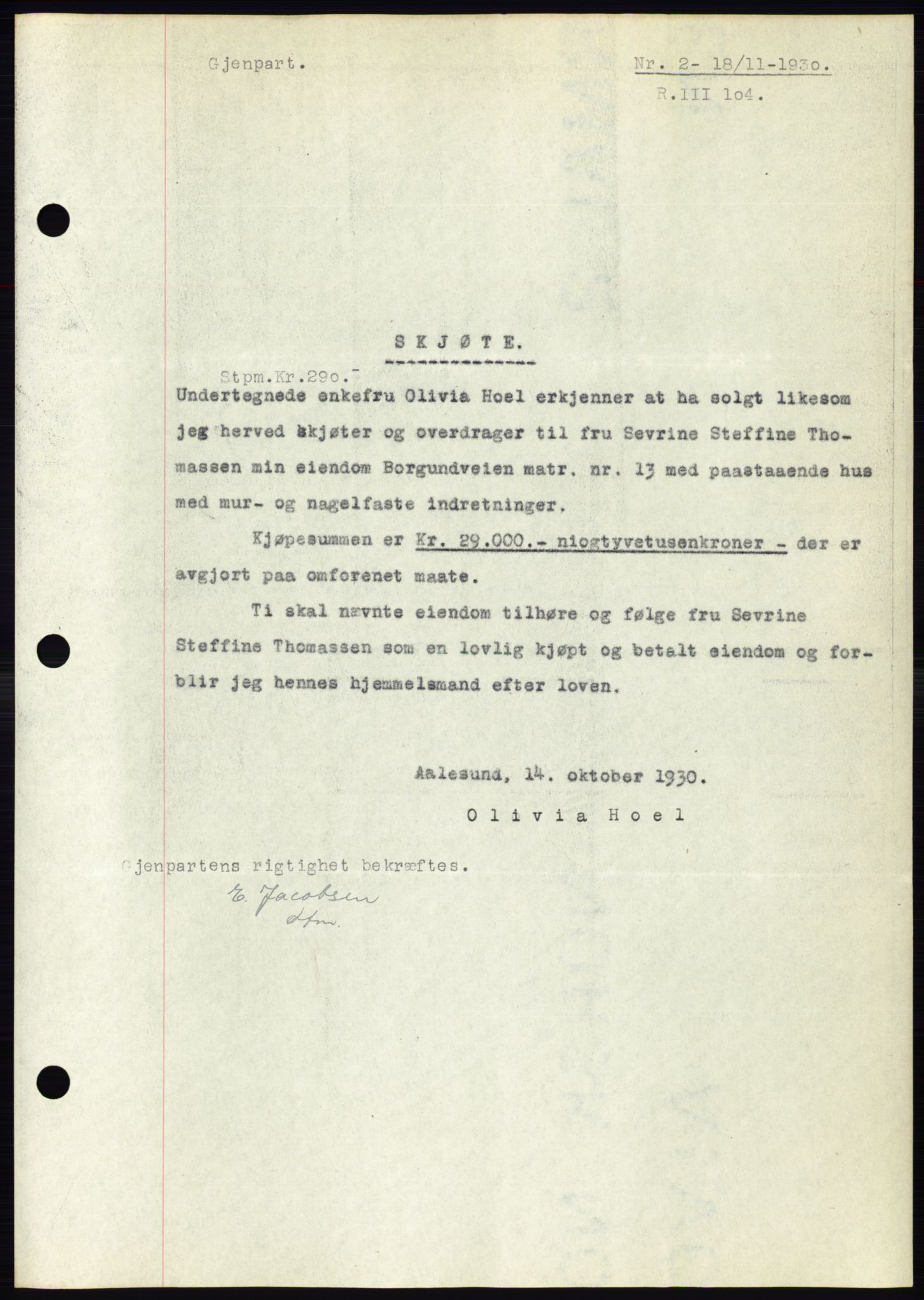 Ålesund byfogd, AV/SAT-A-4384: Mortgage book no. 26, 1930-1930, Deed date: 18.11.1930