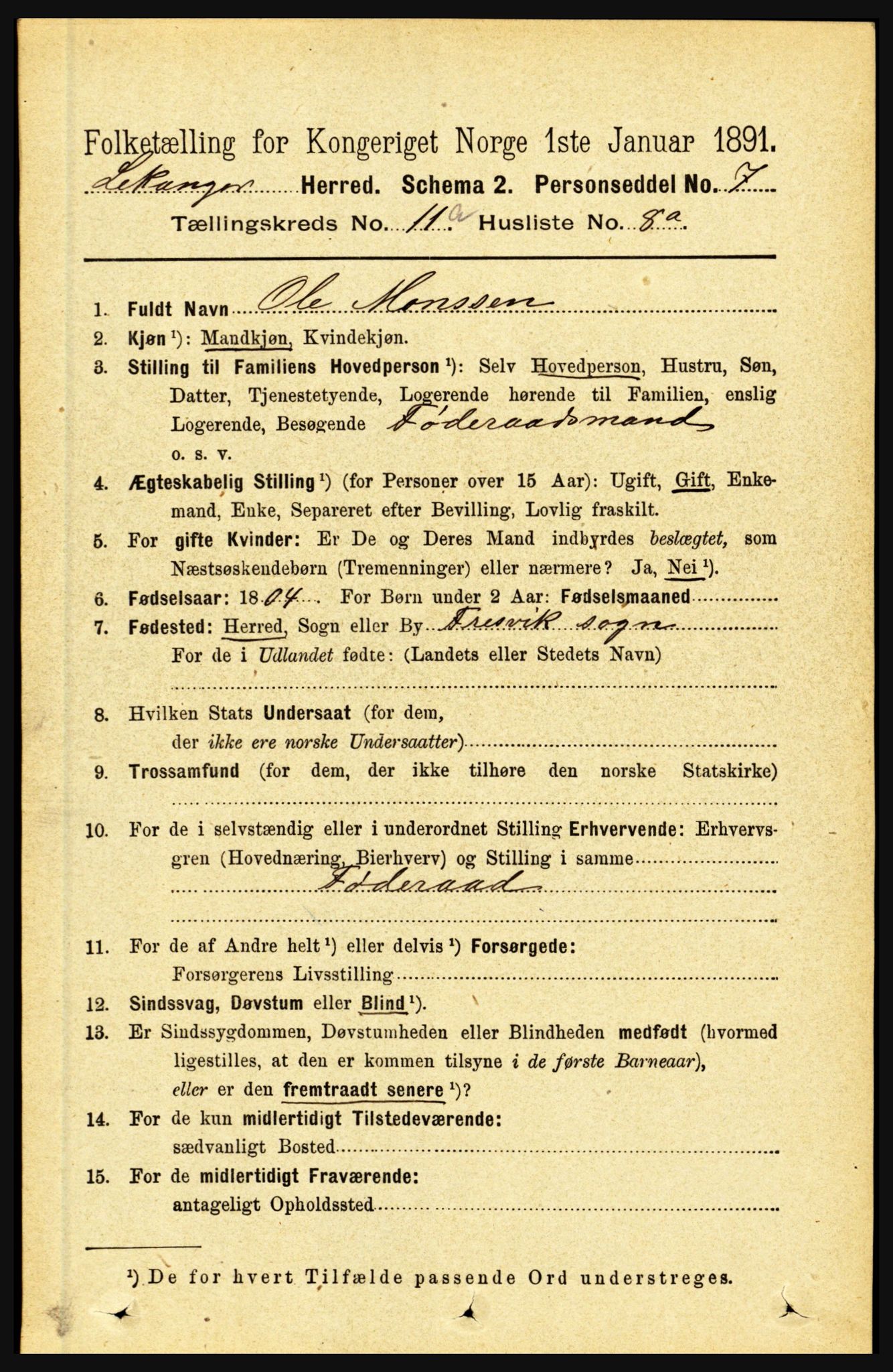 RA, 1891 census for 1419 Leikanger, 1891, p. 2019