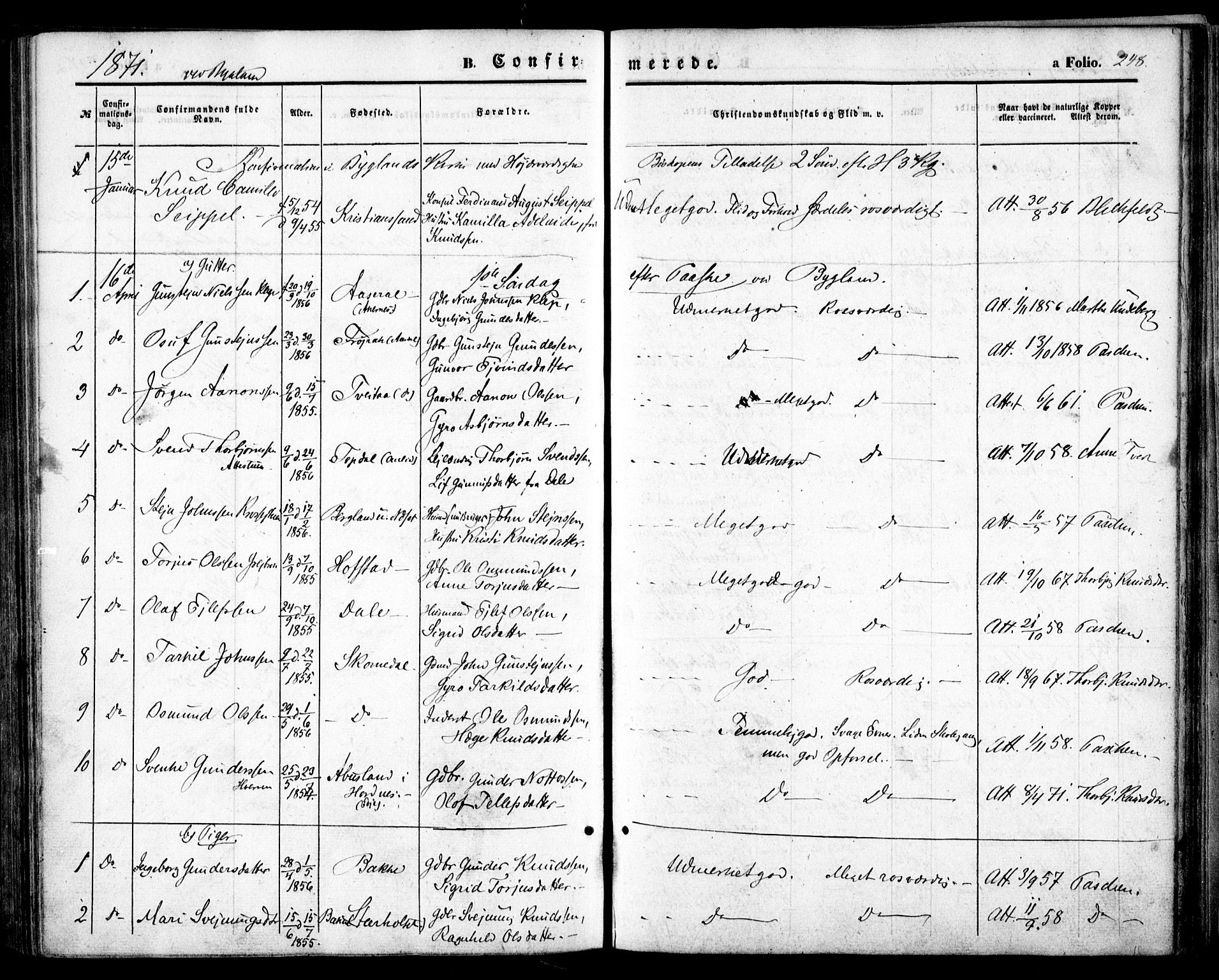 Bygland sokneprestkontor, SAK/1111-0006/F/Fa/Fab/L0005: Parish register (official) no. A 5, 1859-1873, p. 248