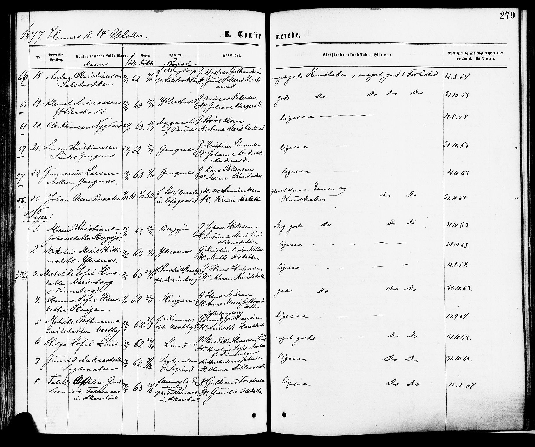 Høland prestekontor Kirkebøker, AV/SAO-A-10346a/F/Fa/L0012.a: Parish register (official) no. I 12A, 1869-1879, p. 279