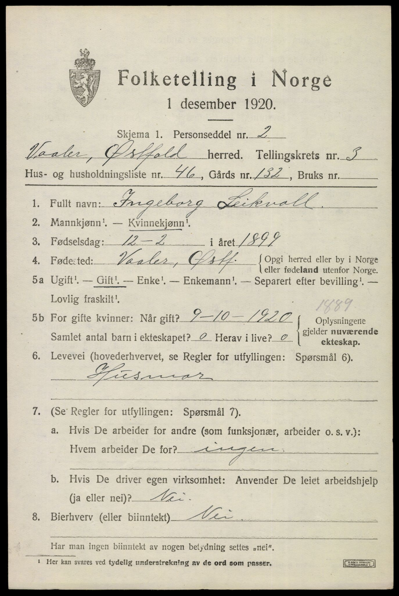 SAO, 1920 census for Våler, 1920, p. 2518