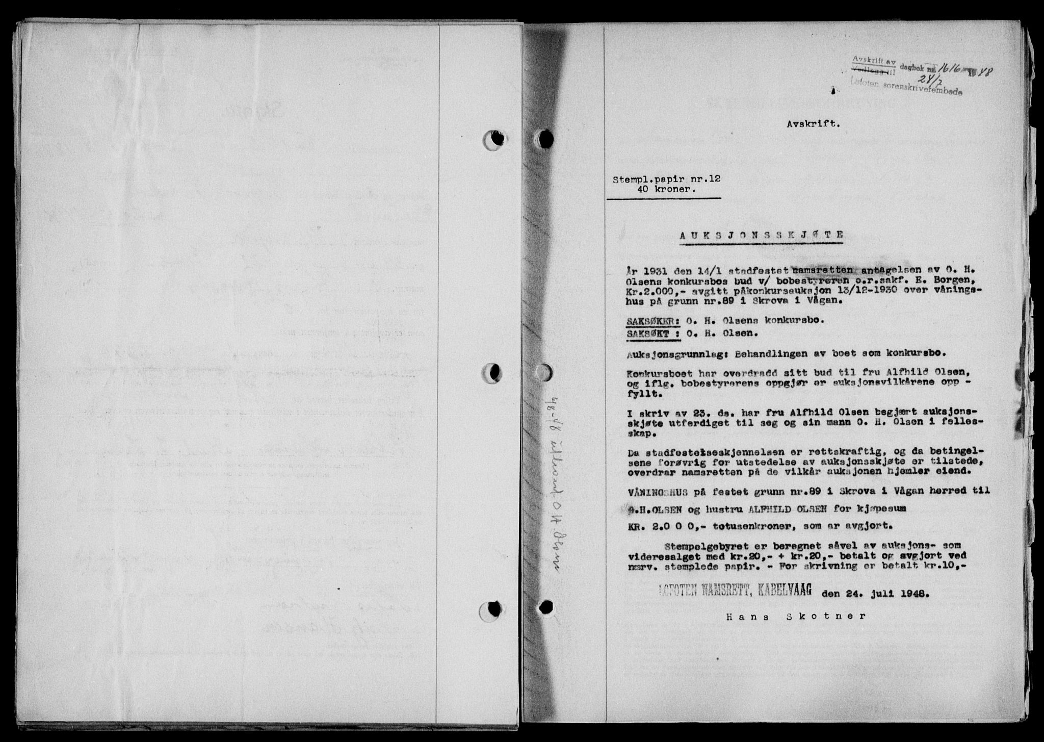 Lofoten sorenskriveri, SAT/A-0017/1/2/2C/L0018a: Mortgage book no. 18a, 1948-1948, Diary no: : 1616/1948