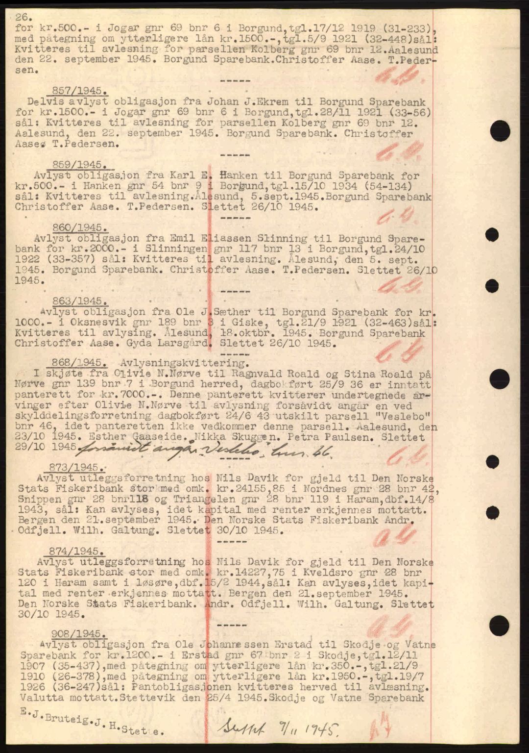 Nordre Sunnmøre sorenskriveri, SAT/A-0006/1/2/2C/2Ca: Mortgage book no. B6-14 a, 1942-1945, Diary no: : 857/1945