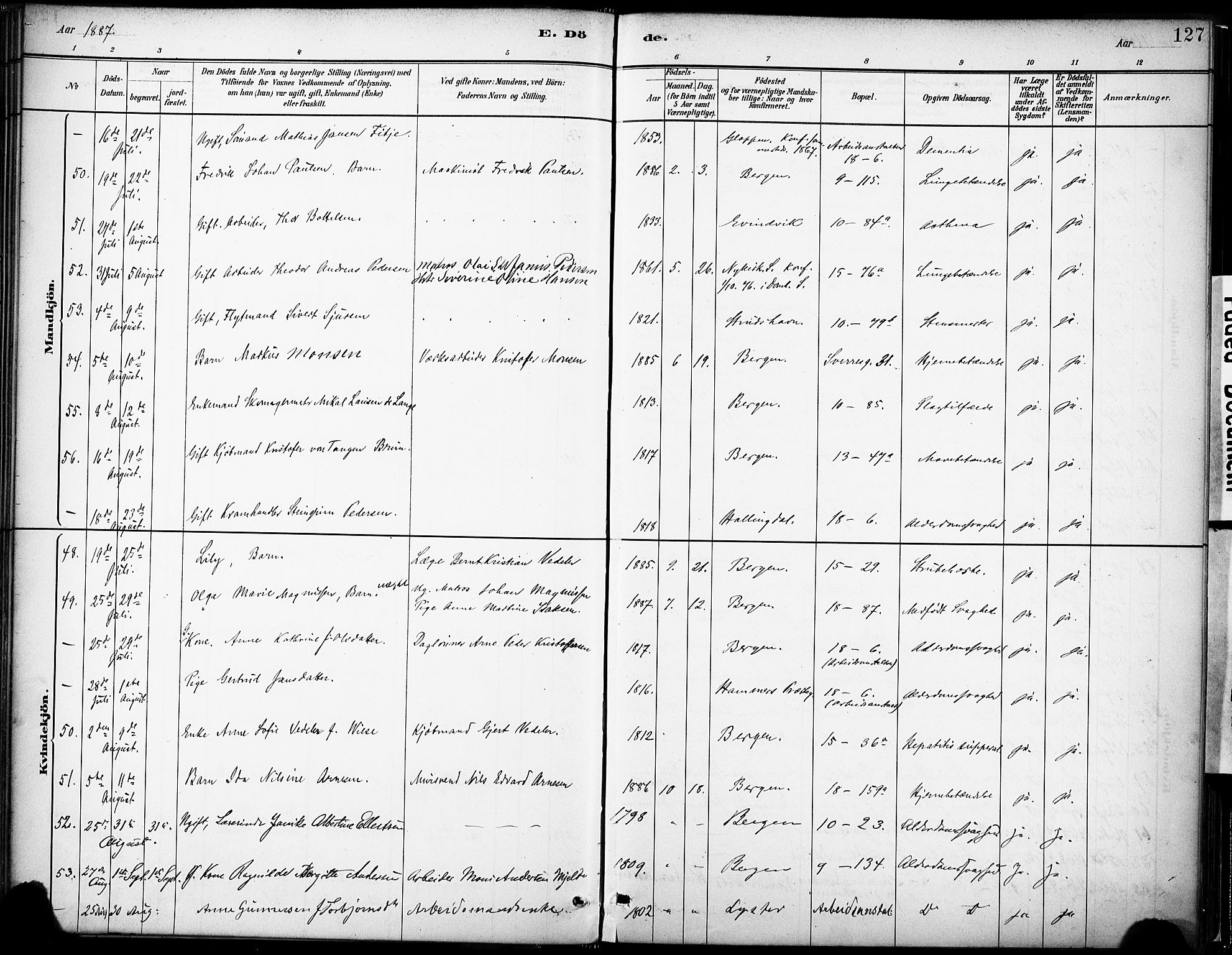 Domkirken sokneprestembete, SAB/A-74801/H/Haa/L0043: Parish register (official) no. E 5, 1882-1904, p. 127