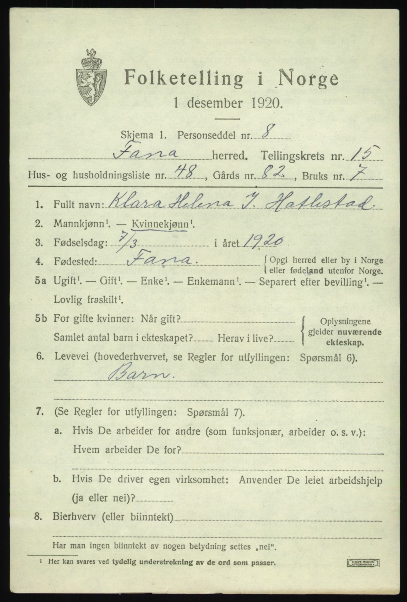 SAB, 1920 census for Fana, 1920, p. 21647