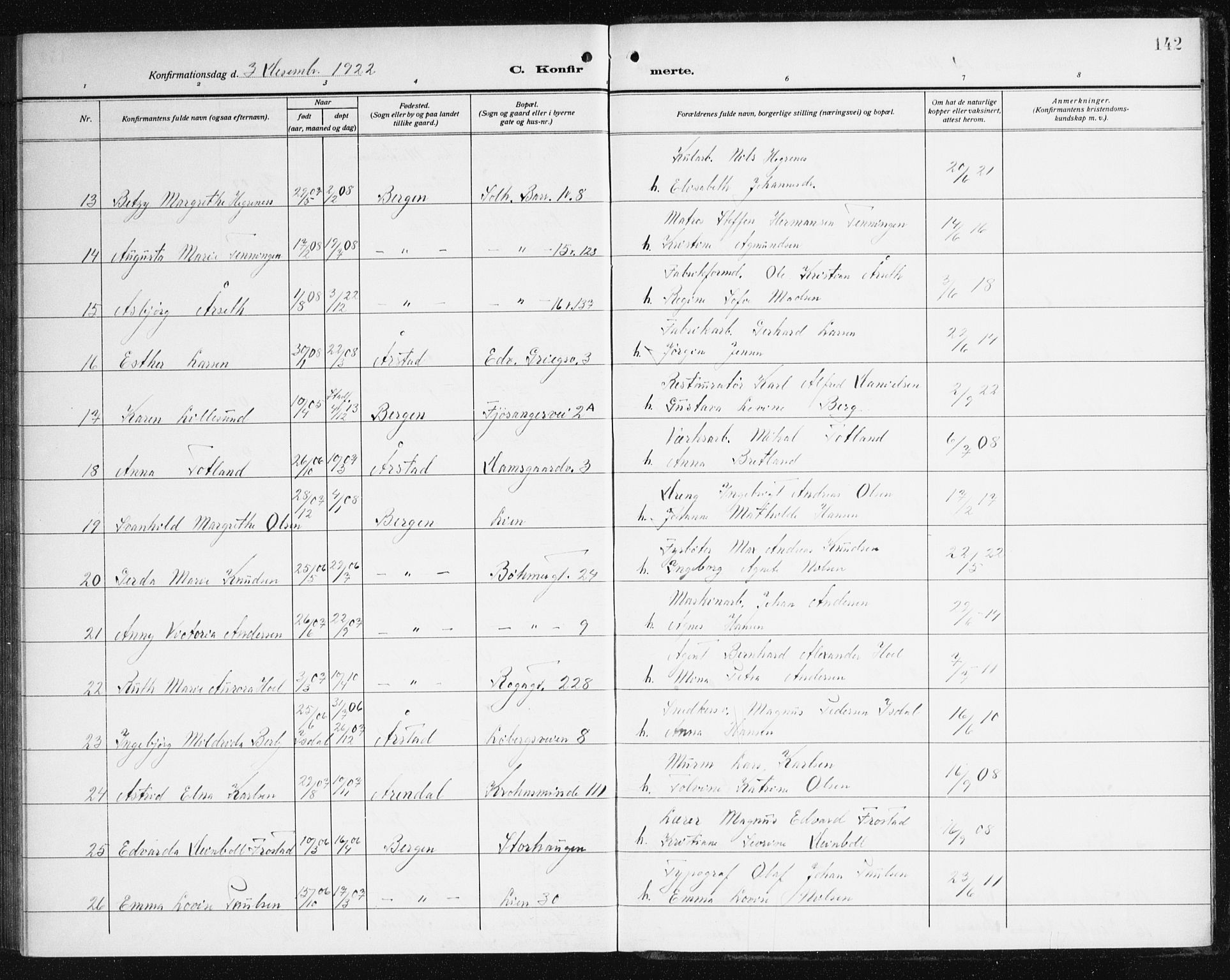 Årstad Sokneprestembete, AV/SAB-A-79301/H/Haa/L0008: Parish register (official) no. B 3, 1914-1923, p. 142