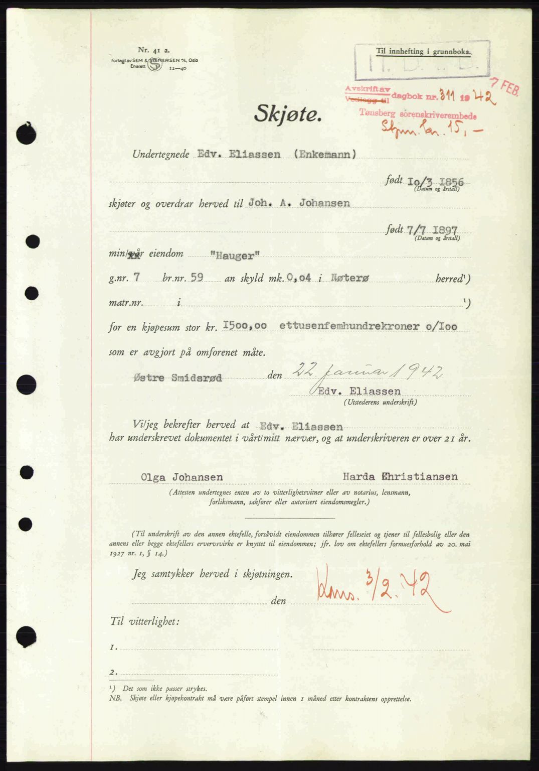 Tønsberg sorenskriveri, AV/SAKO-A-130/G/Ga/Gaa/L0011: Mortgage book no. A11, 1941-1942, Diary no: : 311/1942