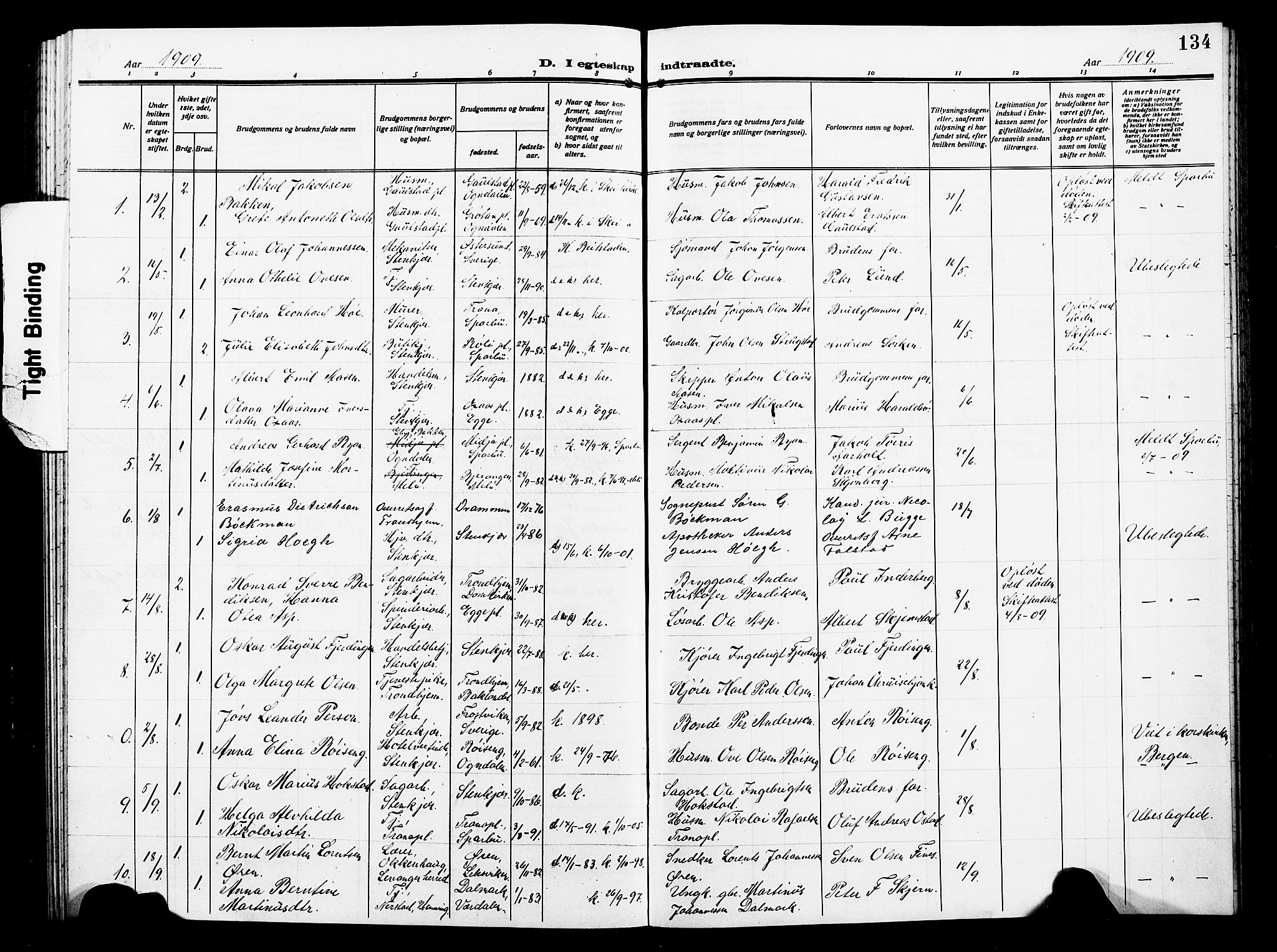 Ministerialprotokoller, klokkerbøker og fødselsregistre - Nord-Trøndelag, SAT/A-1458/739/L0376: Parish register (copy) no. 739C04, 1908-1917, p. 134