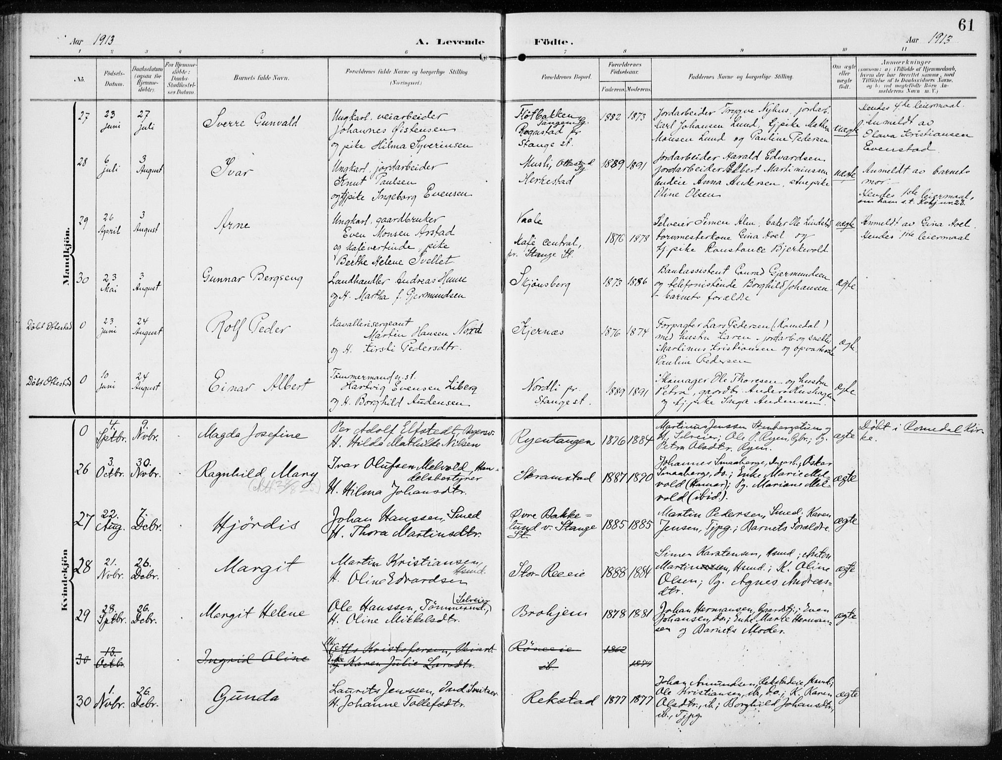 Stange prestekontor, AV/SAH-PREST-002/K/L0024: Parish register (official) no. 24, 1906-1922, p. 61