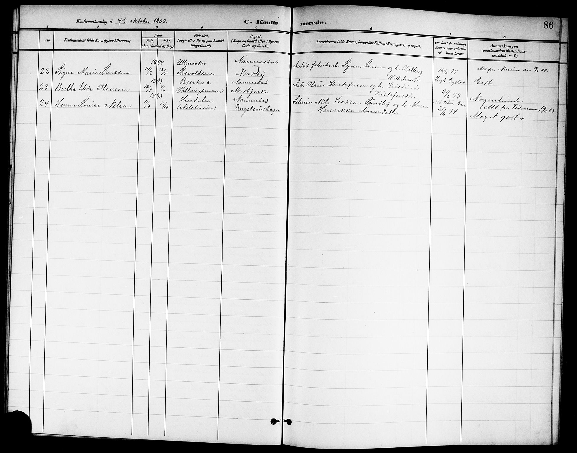 Nannestad prestekontor Kirkebøker, SAO/A-10414a/G/Ga/L0002: Parish register (copy) no. I 2, 1901-1913, p. 86