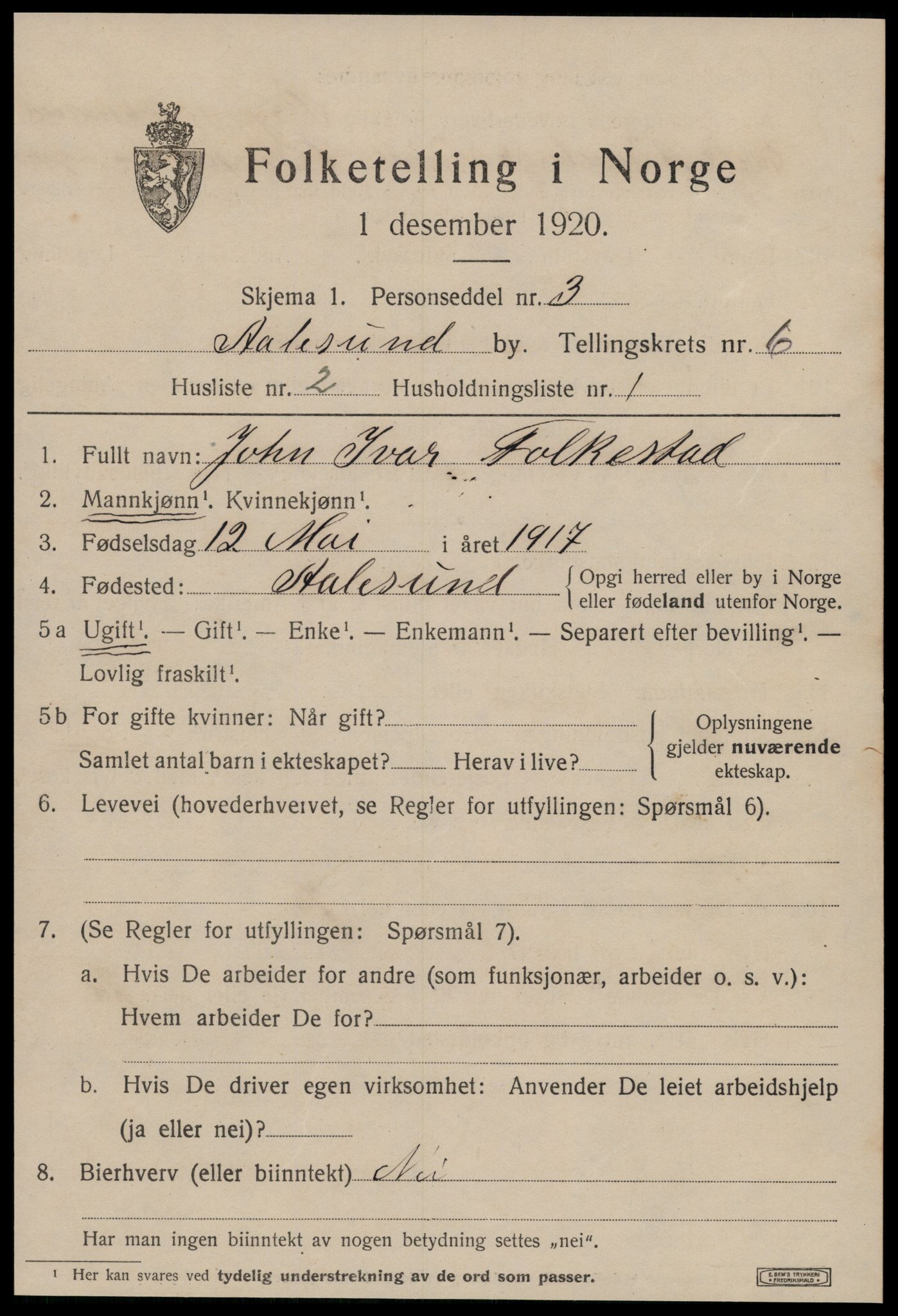 SAT, 1920 census for Ålesund, 1920, p. 17644