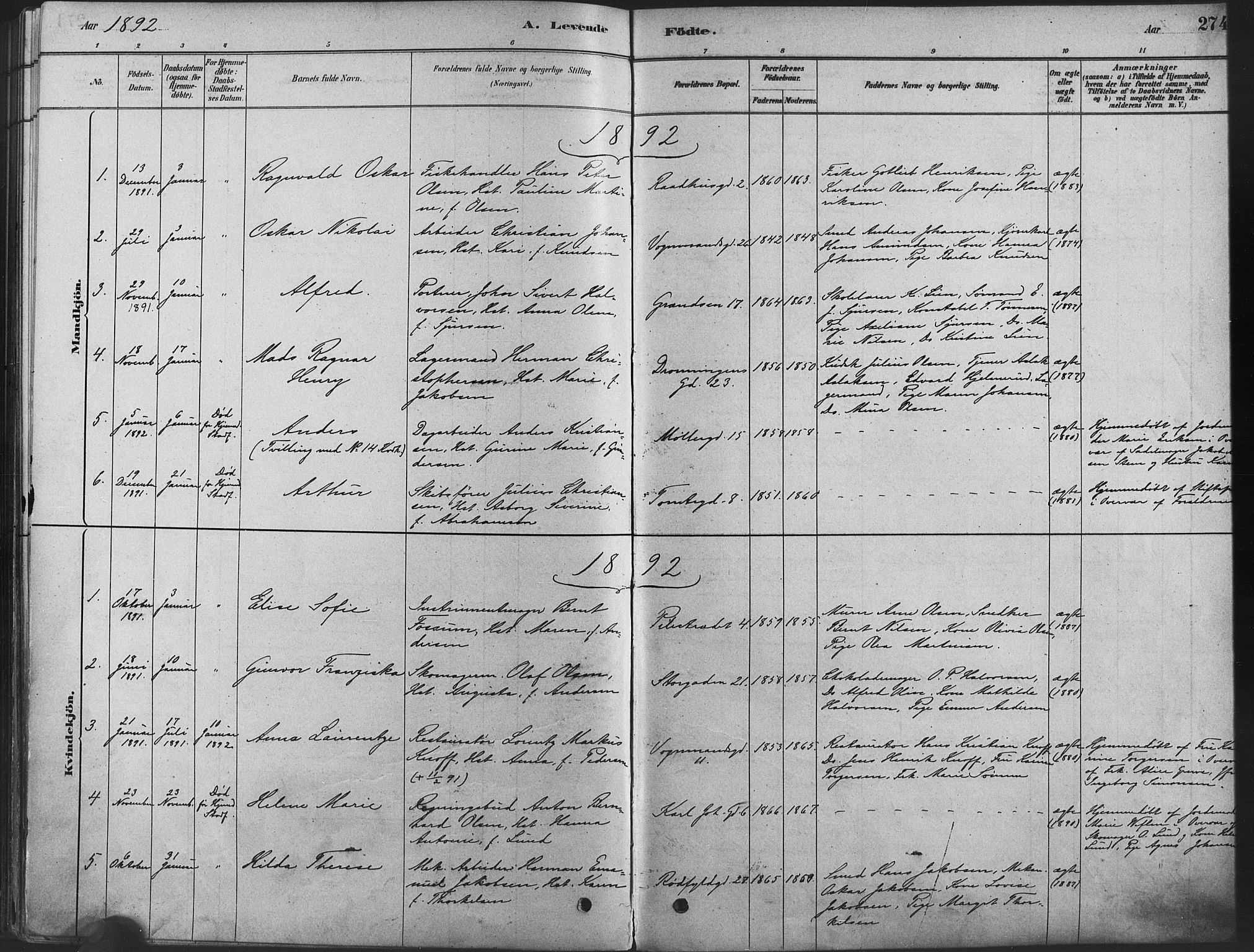 Oslo domkirke Kirkebøker, SAO/A-10752/F/Fa/L0029: Parish register (official) no. 29, 1879-1892, p. 274