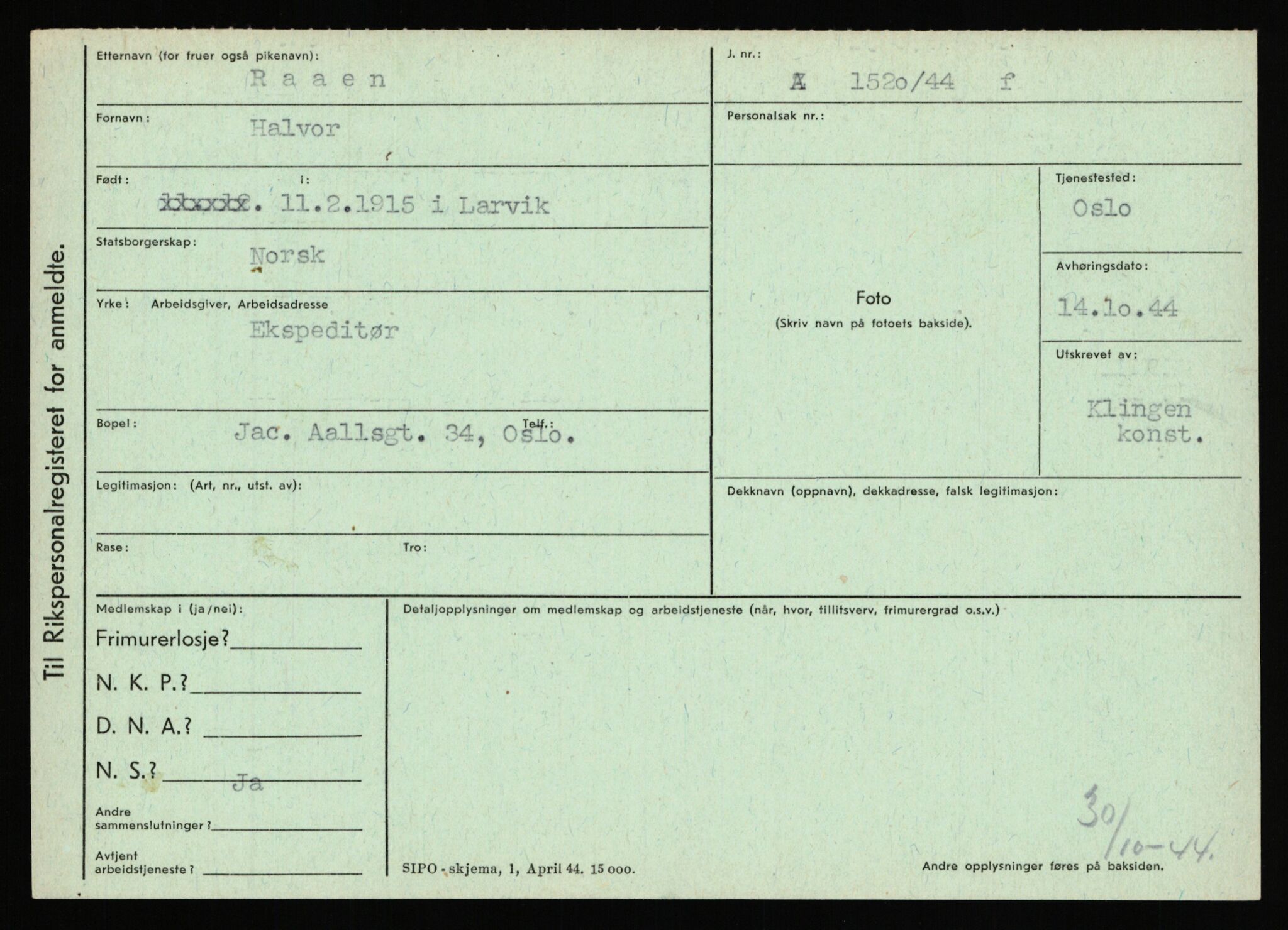 Statspolitiet - Hovedkontoret / Osloavdelingen, AV/RA-S-1329/C/Ca/L0013: Raa - Servold, 1943-1945, p. 40