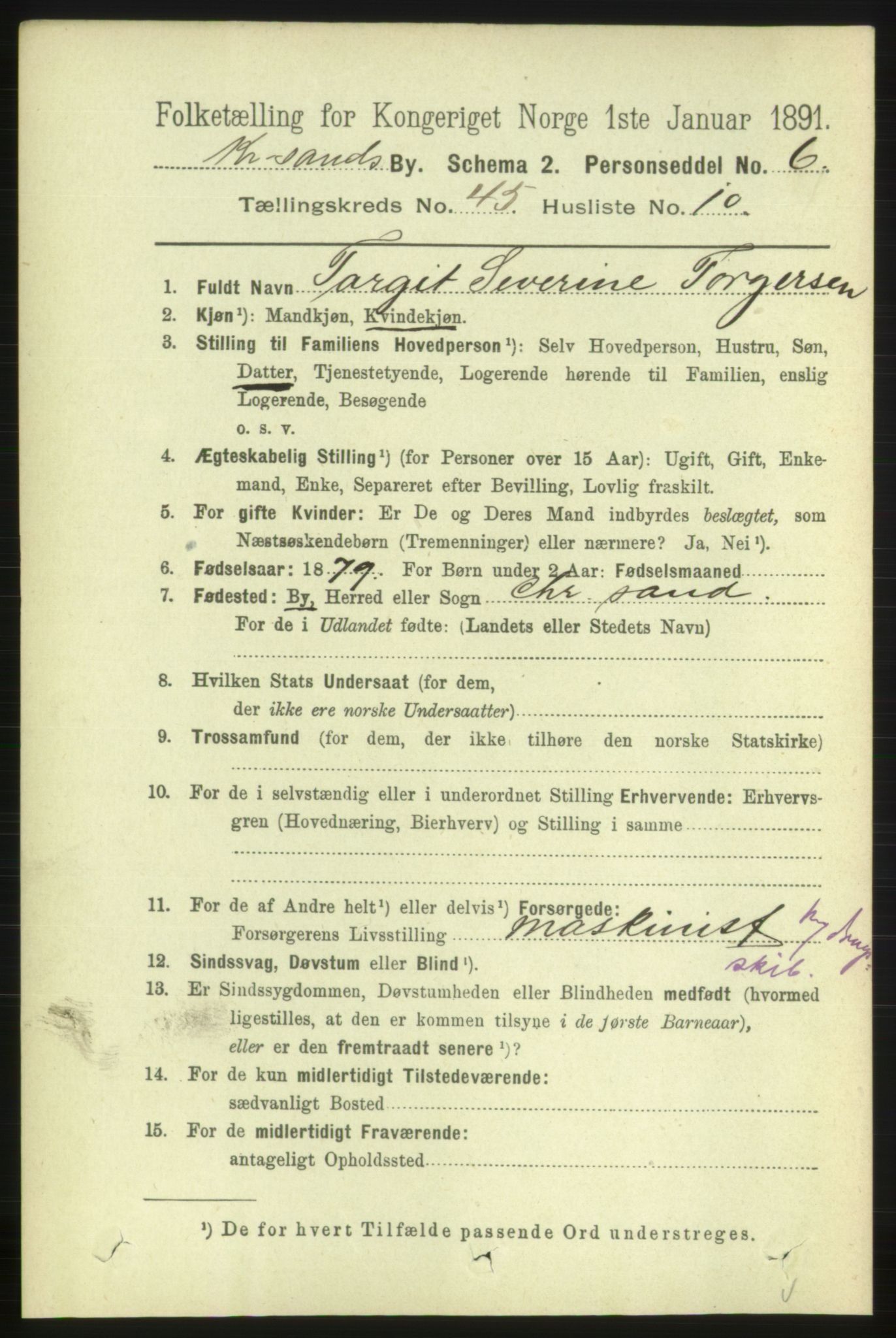 RA, 1891 census for 1001 Kristiansand, 1891, p. 13994