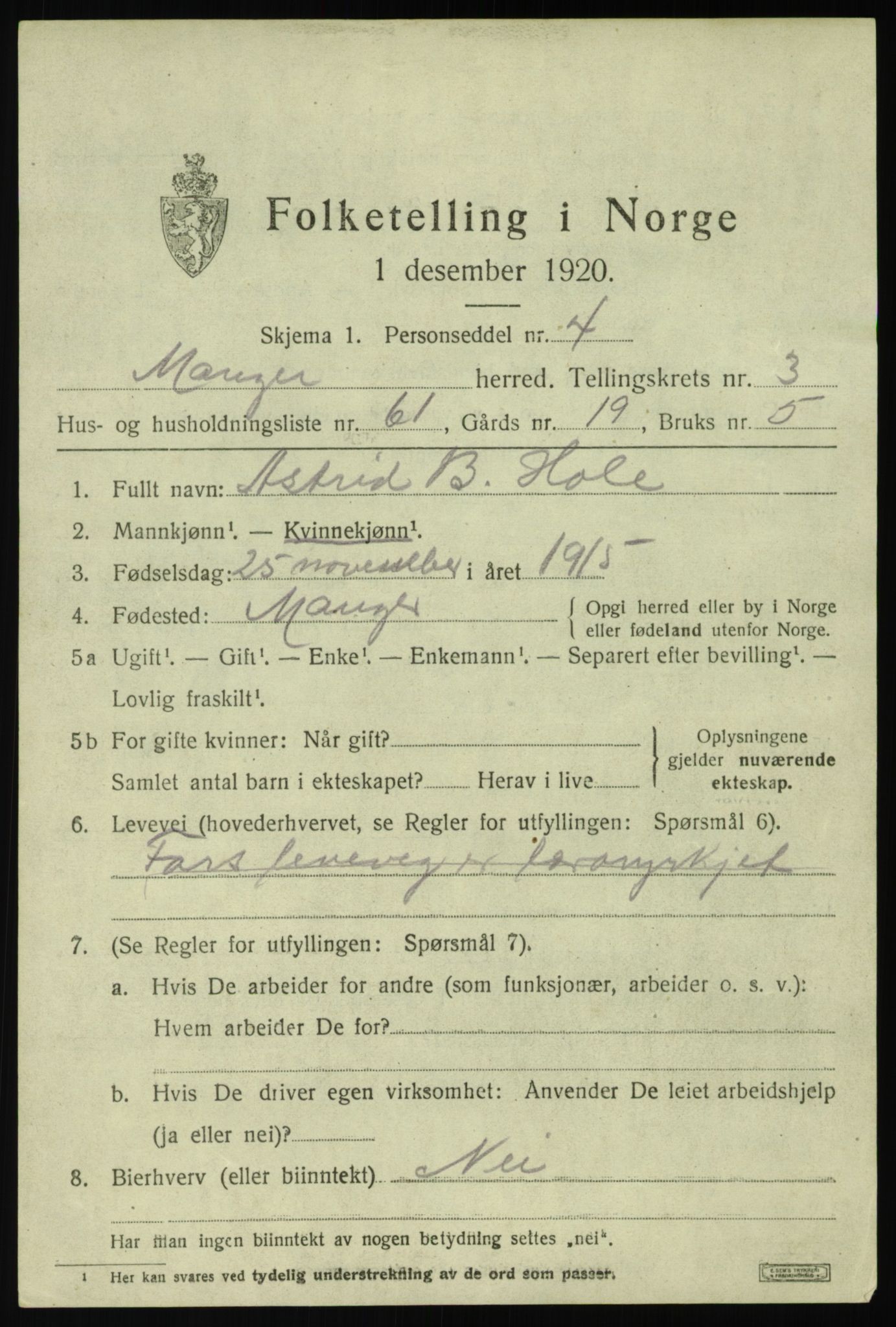 SAB, 1920 census for Manger, 1920, p. 2999