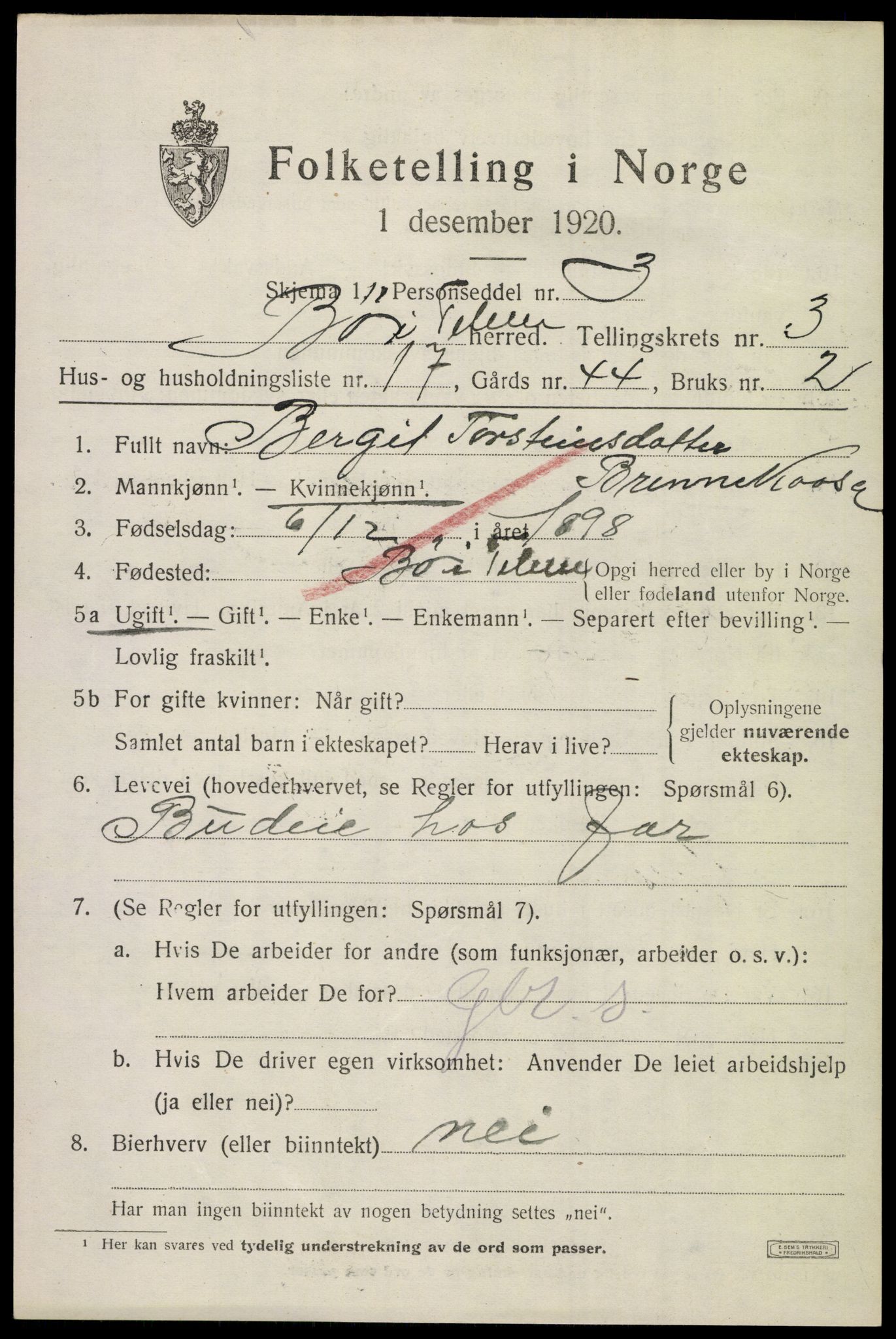 SAKO, 1920 census for Bø (Telemark), 1920, p. 2836