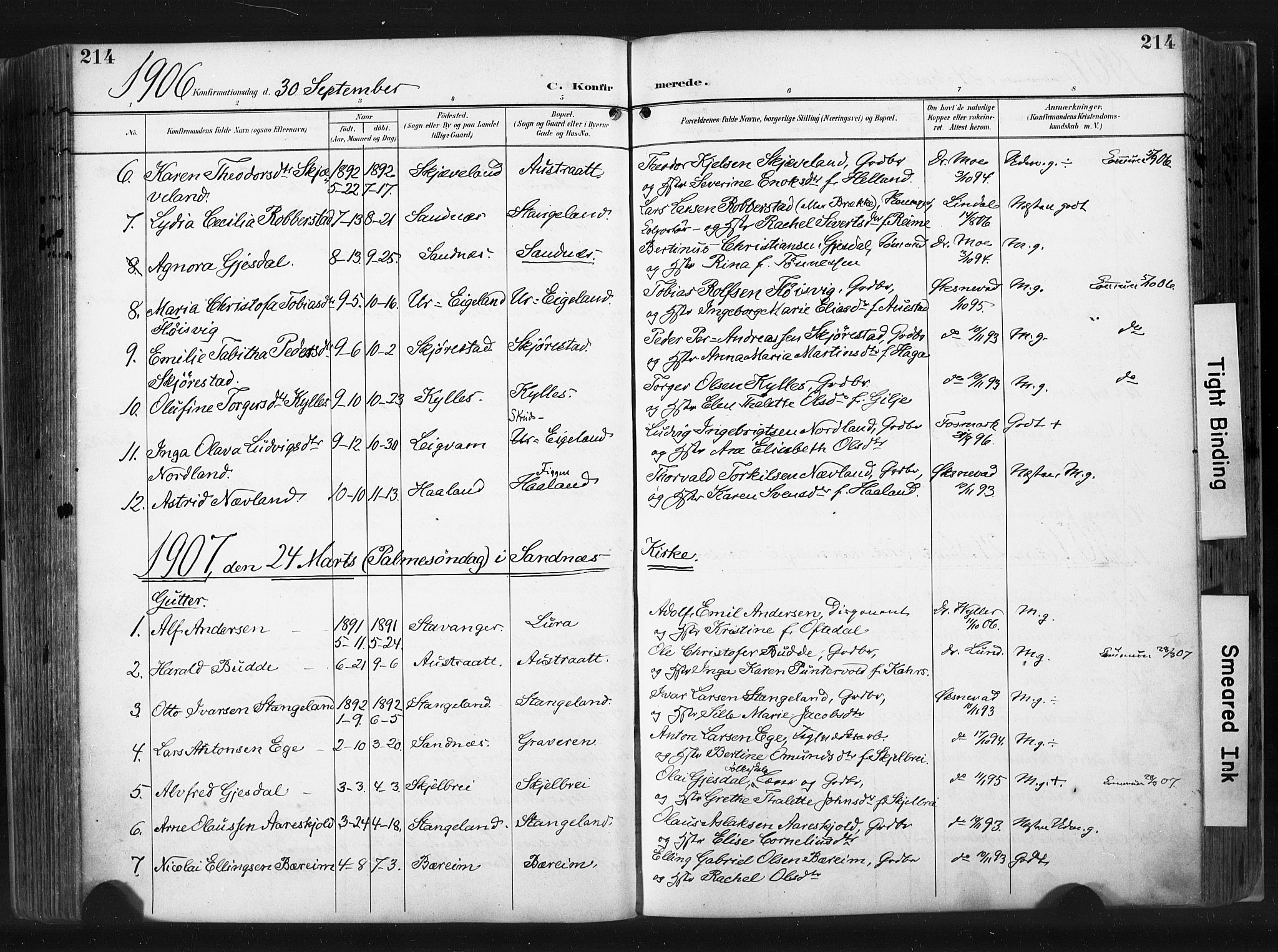 Høyland sokneprestkontor, AV/SAST-A-101799/001/30BA/L0015: Parish register (official) no. A 14, 1899-1911, p. 214