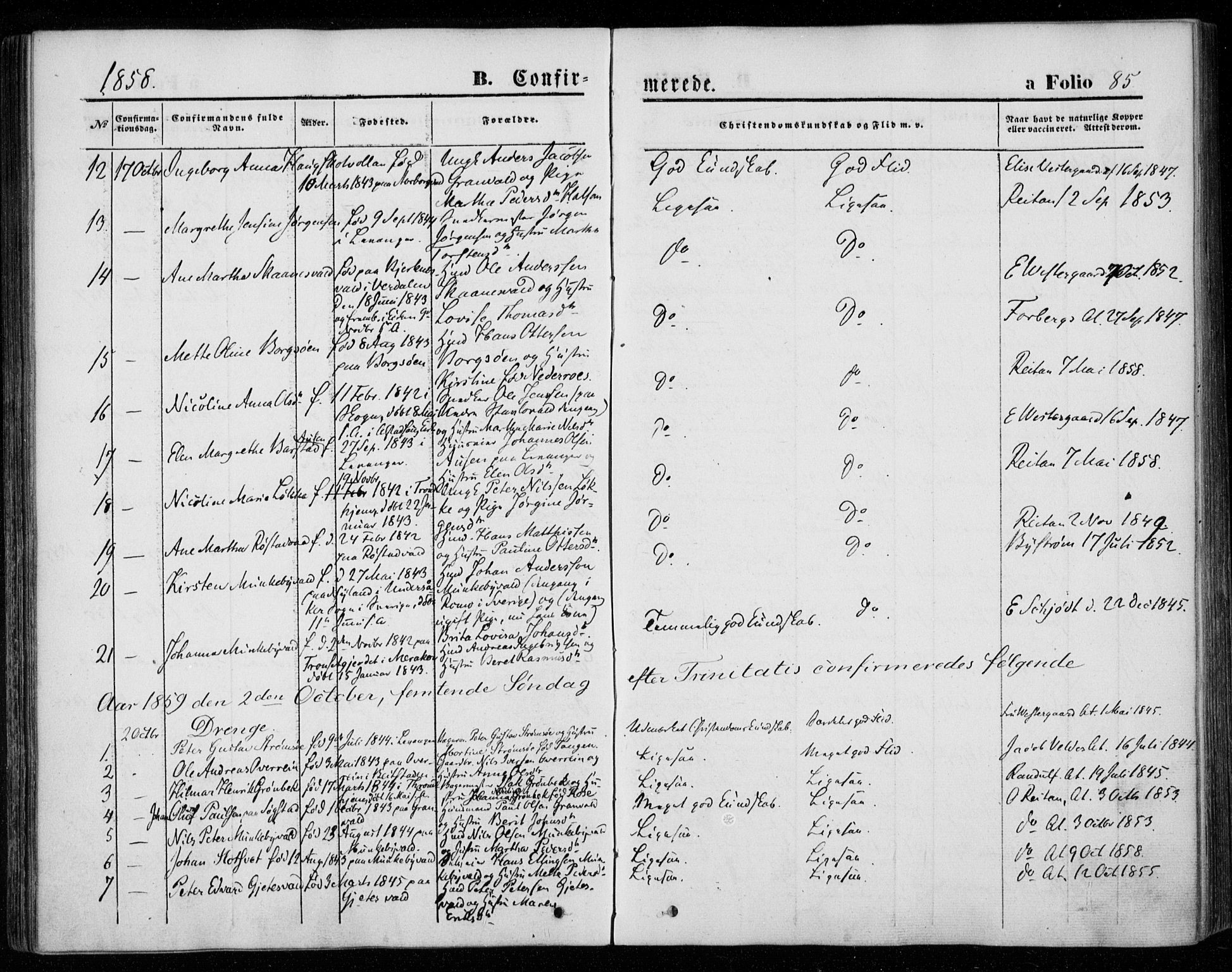 Ministerialprotokoller, klokkerbøker og fødselsregistre - Nord-Trøndelag, AV/SAT-A-1458/720/L0184: Parish register (official) no. 720A02 /1, 1855-1863, p. 85