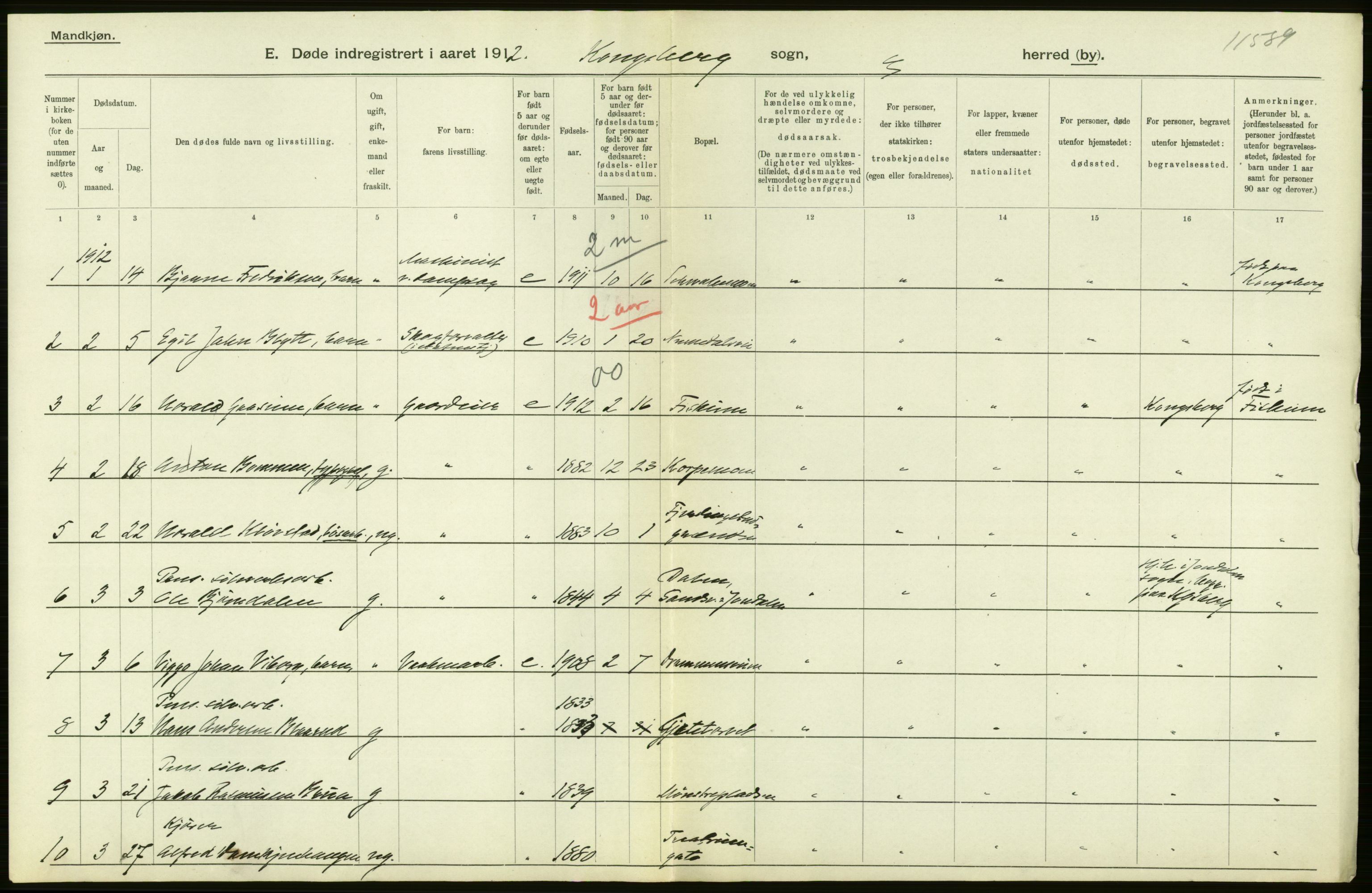 Statistisk sentralbyrå, Sosiodemografiske emner, Befolkning, AV/RA-S-2228/D/Df/Dfb/Dfbb/L0017: Buskeruds amt: Døde. Bygder og byer., 1912, p. 56