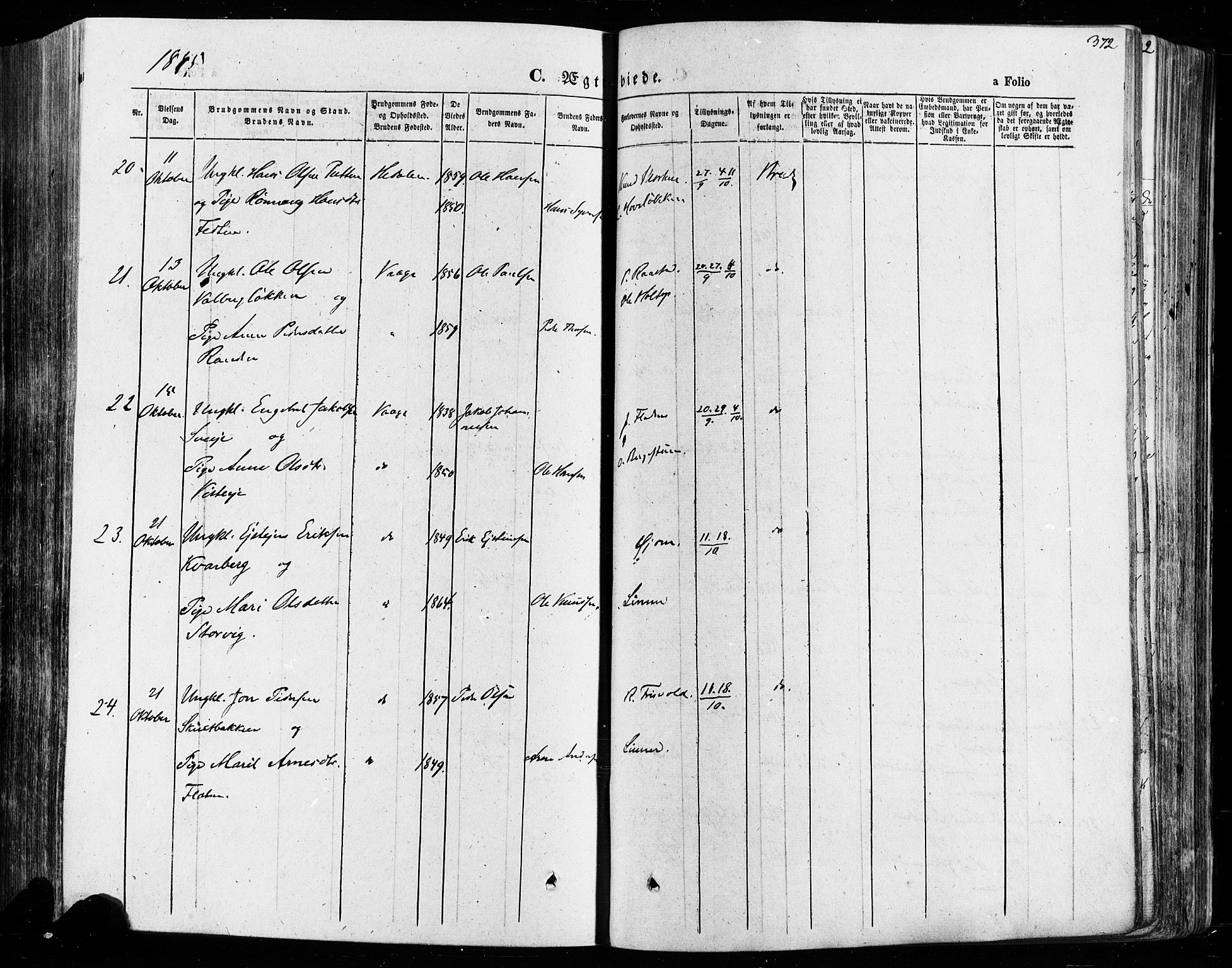 Vågå prestekontor, AV/SAH-PREST-076/H/Ha/Haa/L0007: Parish register (official) no. 7 /1, 1872-1886, p. 372