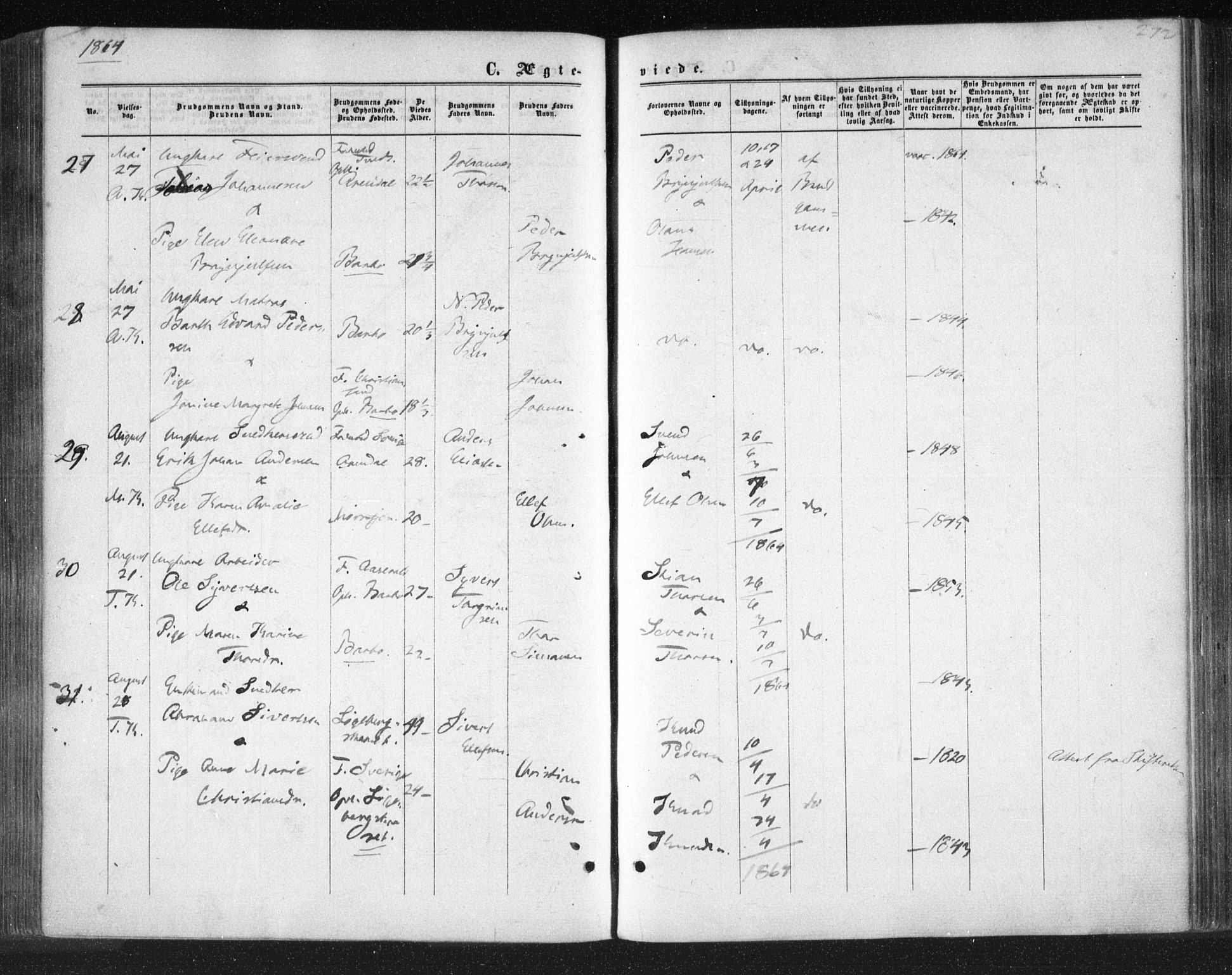 Tromøy sokneprestkontor, SAK/1111-0041/F/Fa/L0007: Parish register (official) no. A 7, 1864-1869, p. 272