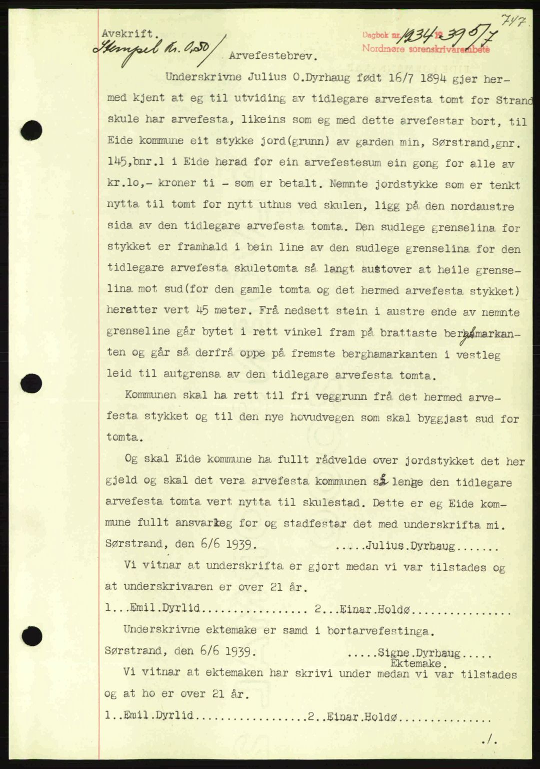 Nordmøre sorenskriveri, AV/SAT-A-4132/1/2/2Ca: Mortgage book no. A86, 1939-1939, Diary no: : 1934/1939