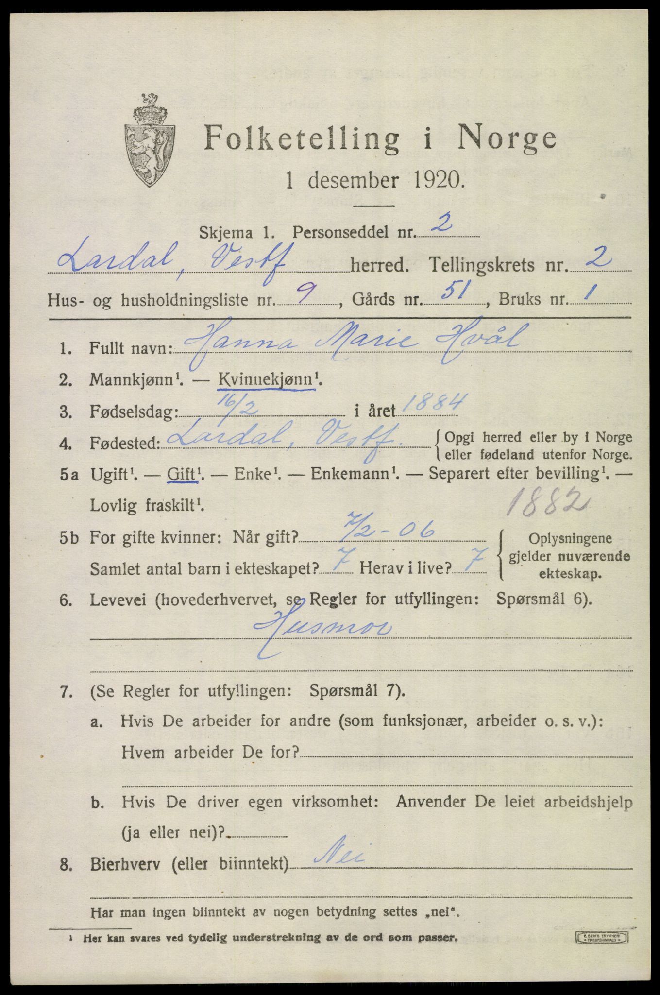 SAKO, 1920 census for Lardal, 1920, p. 2055