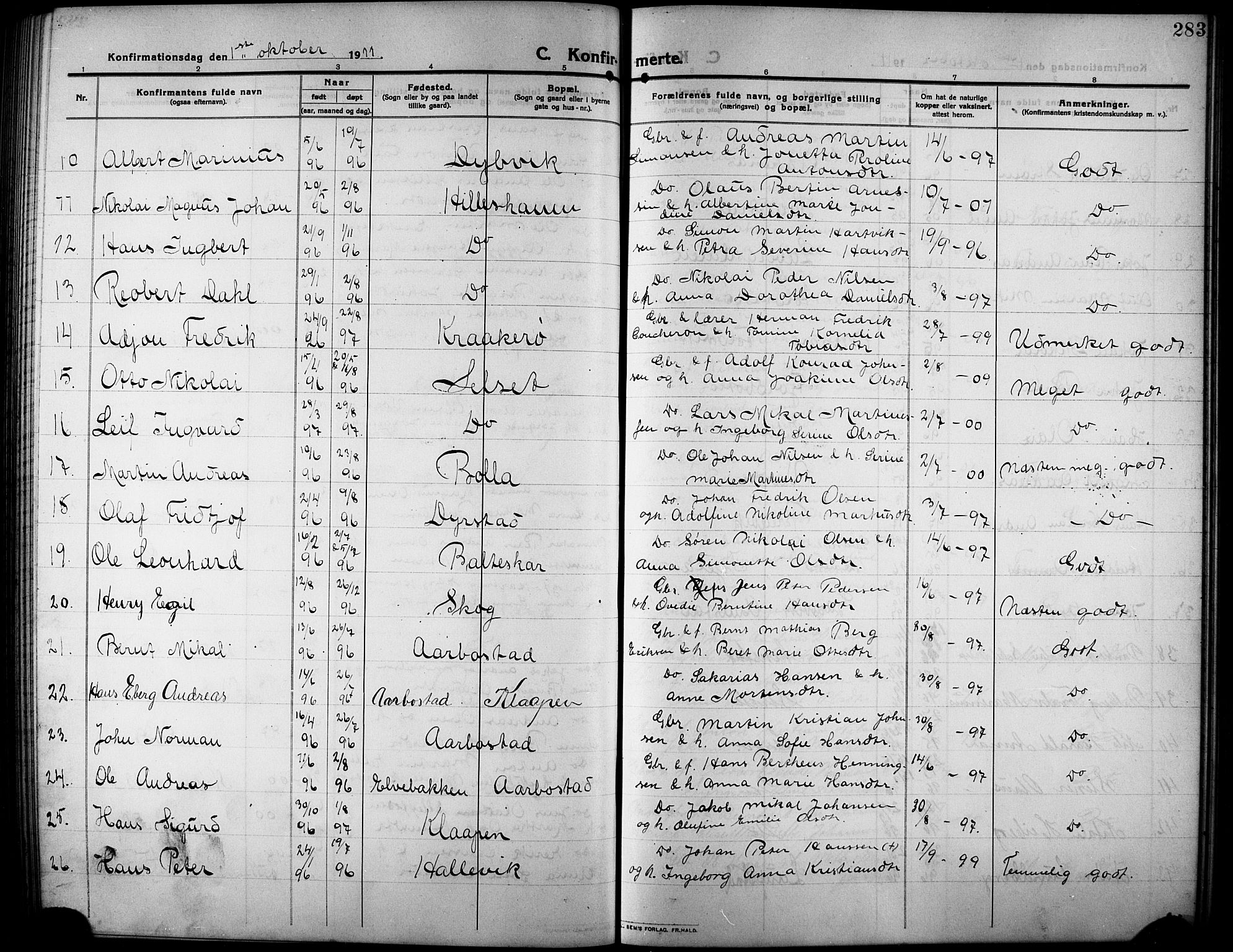 Ibestad sokneprestembete, SATØ/S-0077/H/Ha/Hab/L0009klokker: Parish register (copy) no. 9, 1902-1914, p. 283
