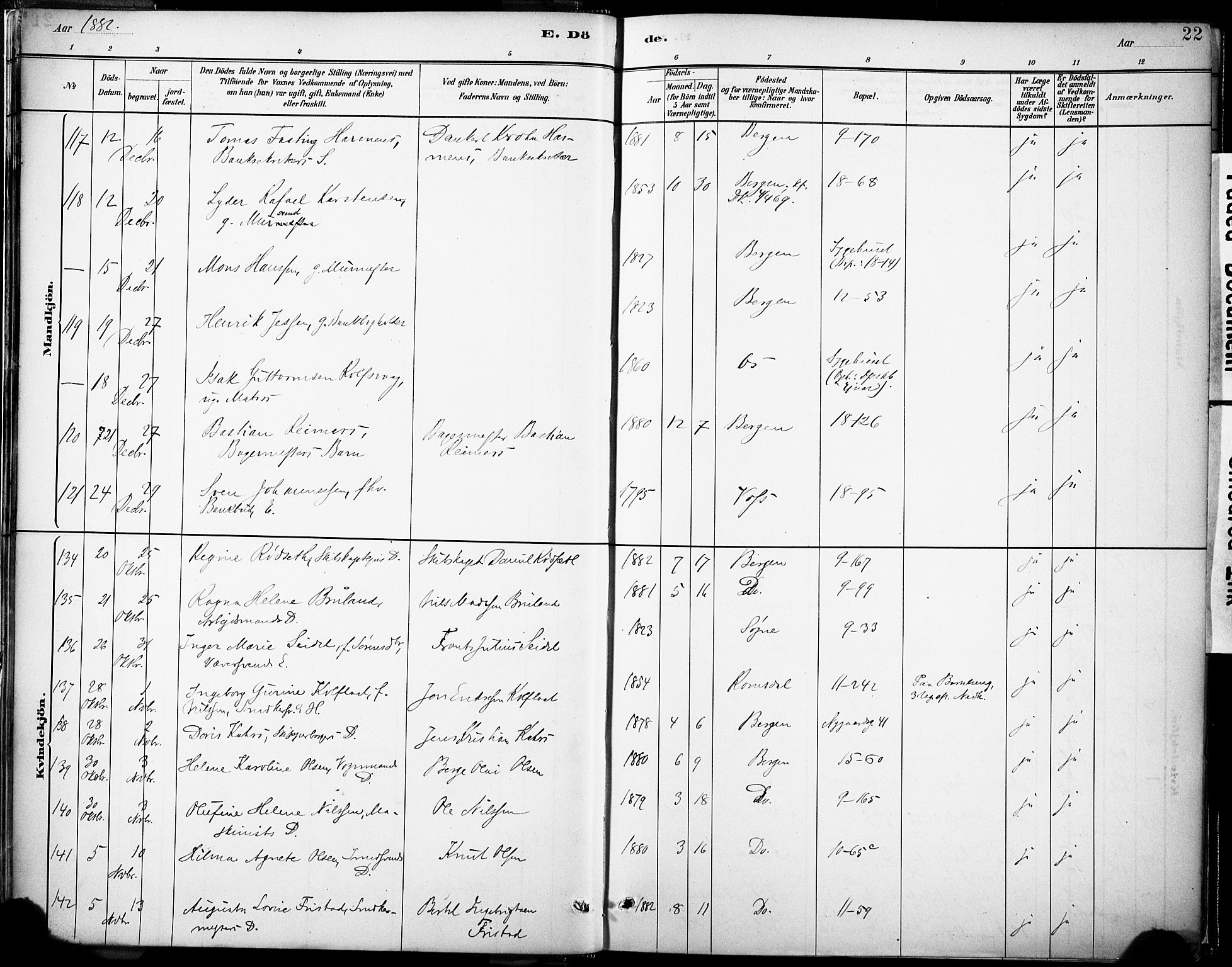 Domkirken sokneprestembete, AV/SAB-A-74801/H/Haa/L0043: Parish register (official) no. E 5, 1882-1904, p. 22