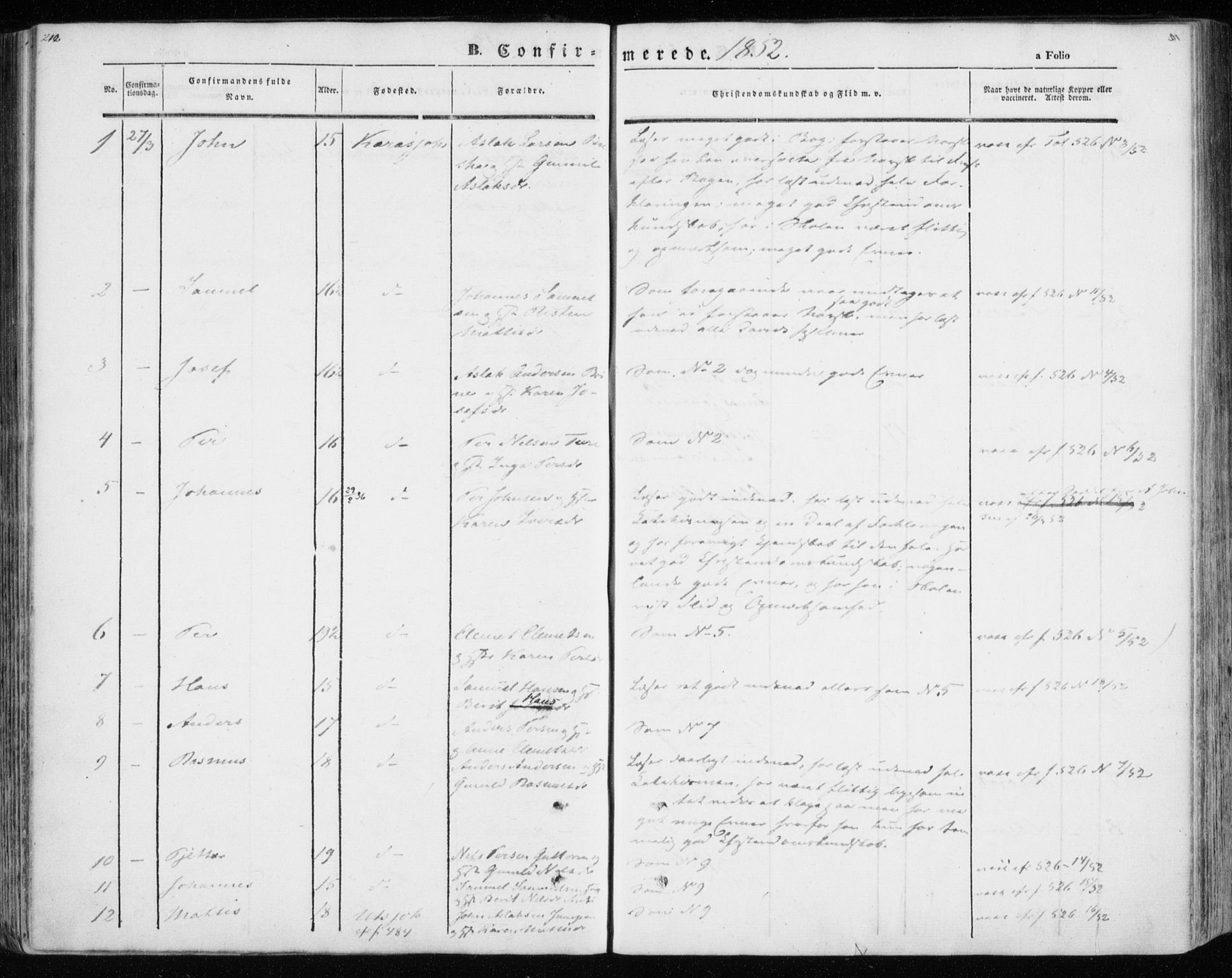 Kistrand/Porsanger sokneprestembete, SATØ/S-1351/H/Ha/L0012.kirke: Parish register (official) no. 12, 1843-1871, p. 212-213