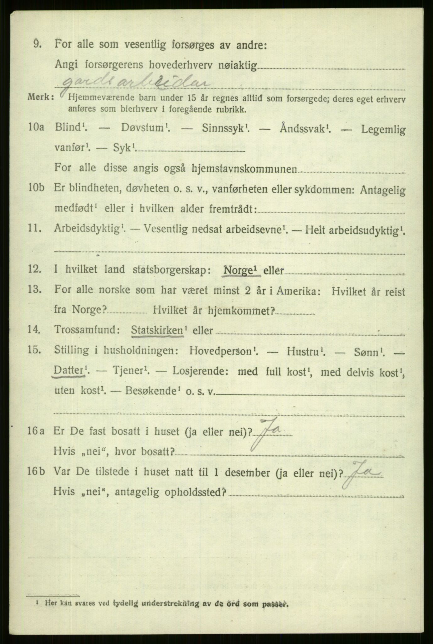 SAB, 1920 census for Vossestrand, 1920, p. 1425