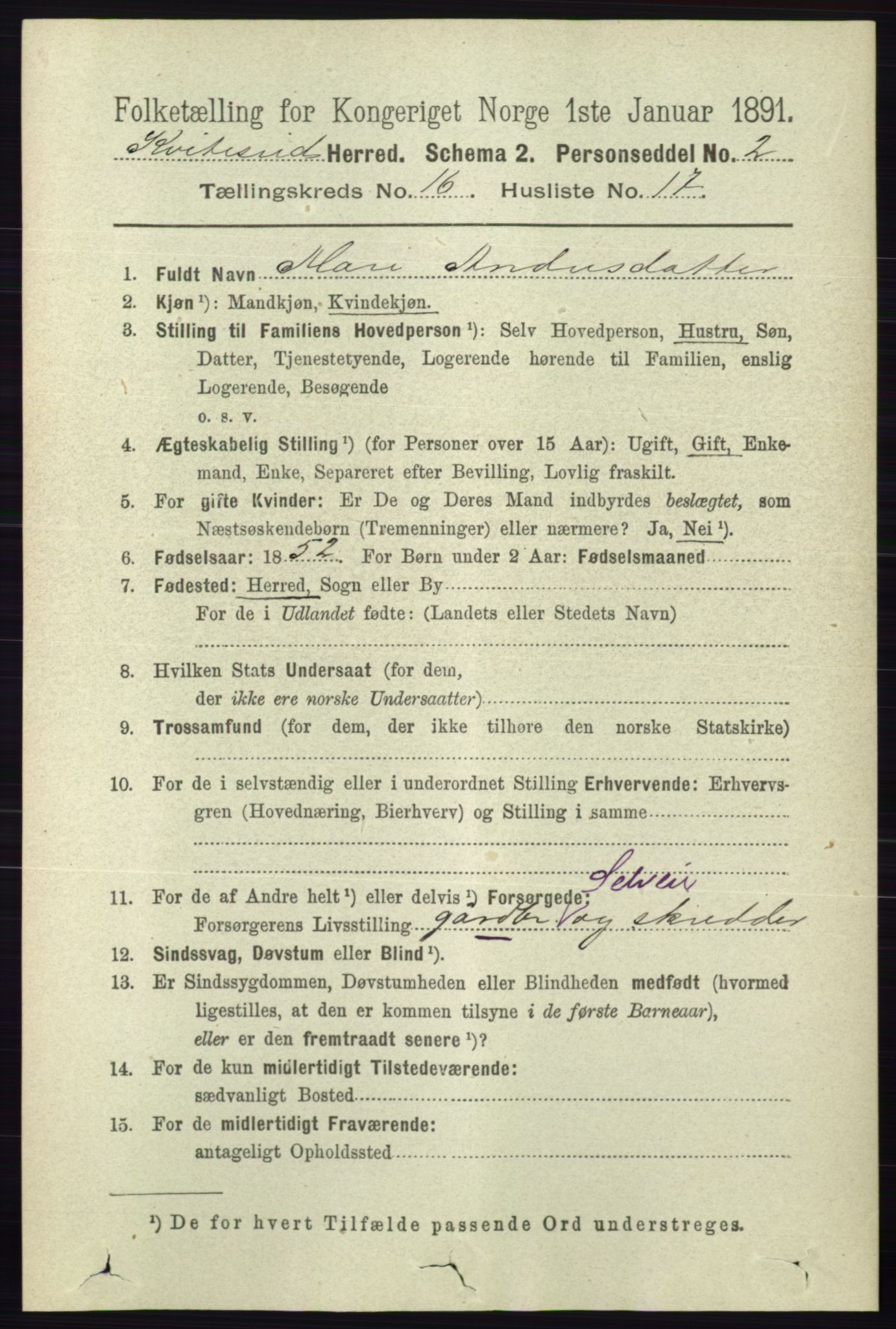 RA, 1891 census for 0829 Kviteseid, 1891, p. 3738