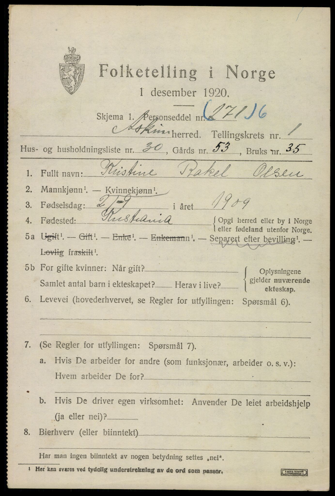 SAO, 1920 census for Askim, 1920, p. 1967