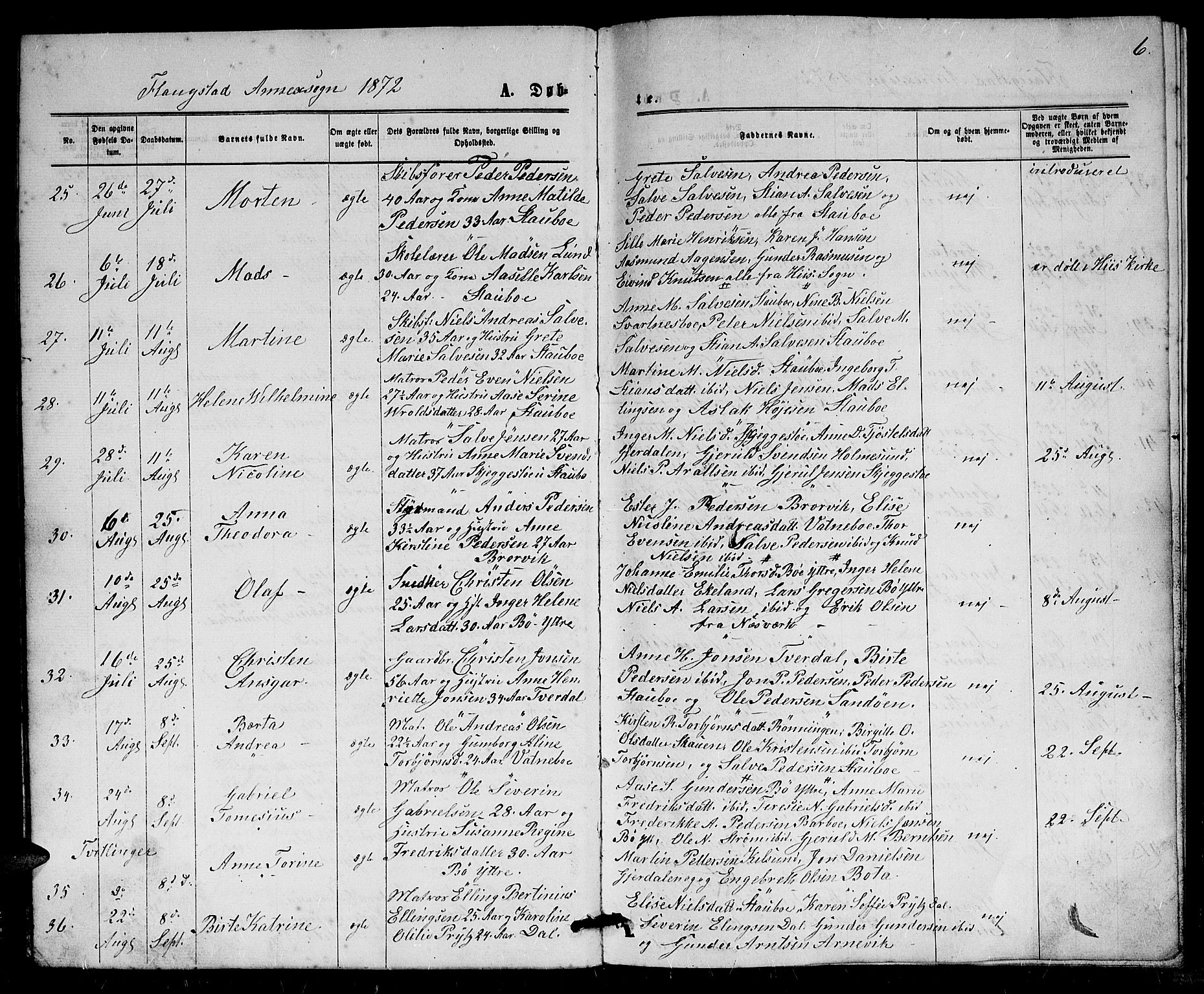 Dypvåg sokneprestkontor, AV/SAK-1111-0007/F/Fb/Fbb/L0003: Parish register (copy) no. B 3, 1872-1886, p. 6