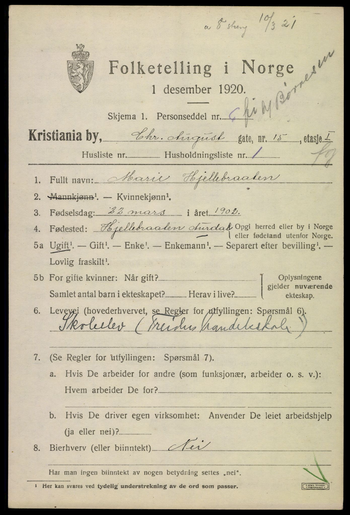 SAO, 1920 census for Kristiania, 1920, p. 352107