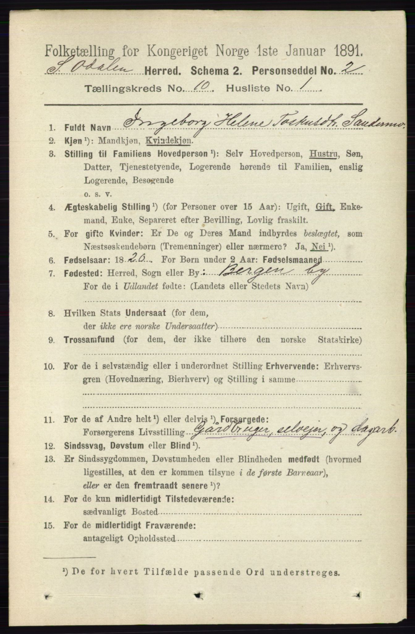 RA, 1891 census for 0419 Sør-Odal, 1891, p. 4367