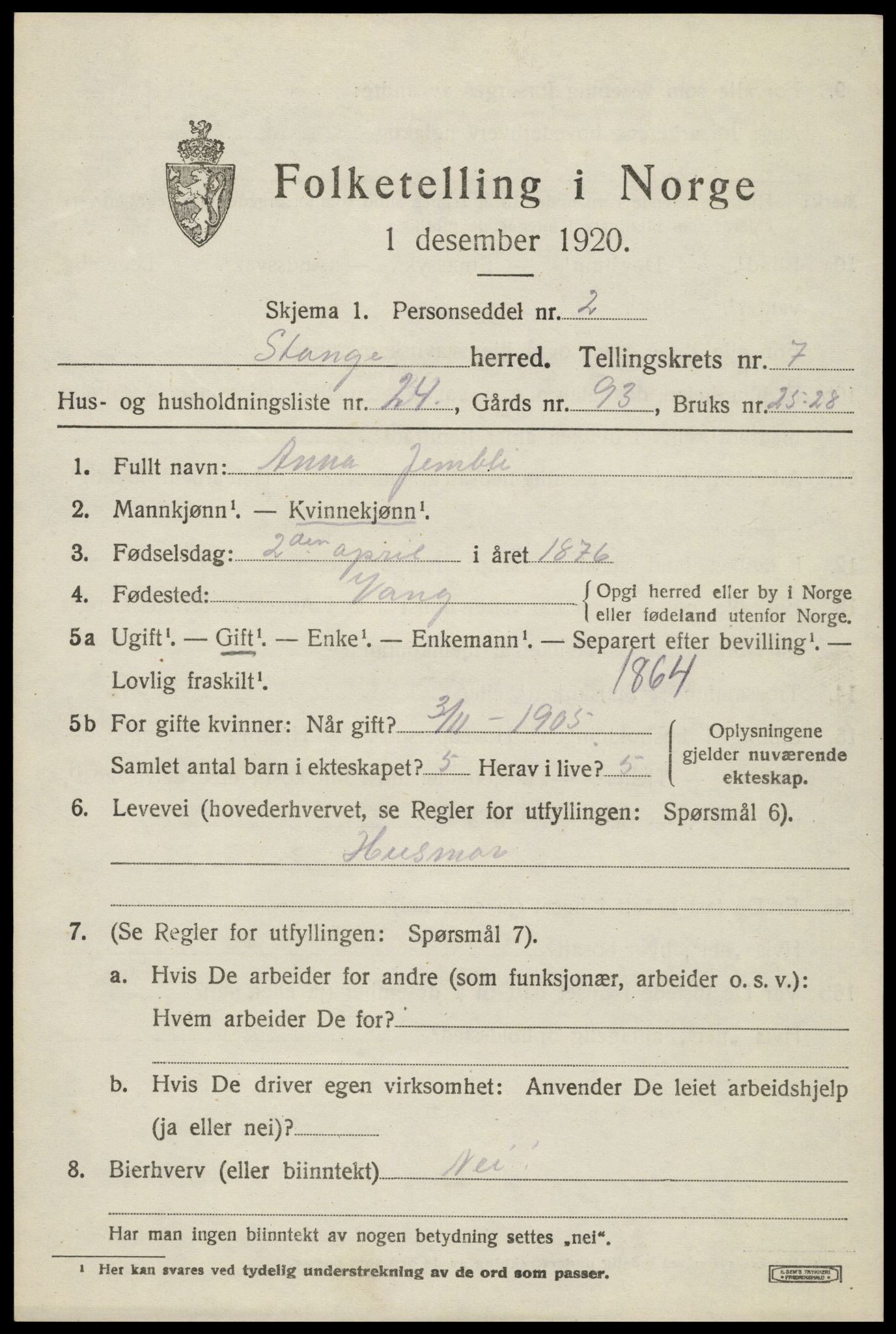 SAH, 1920 census for Stange, 1920, p. 12511