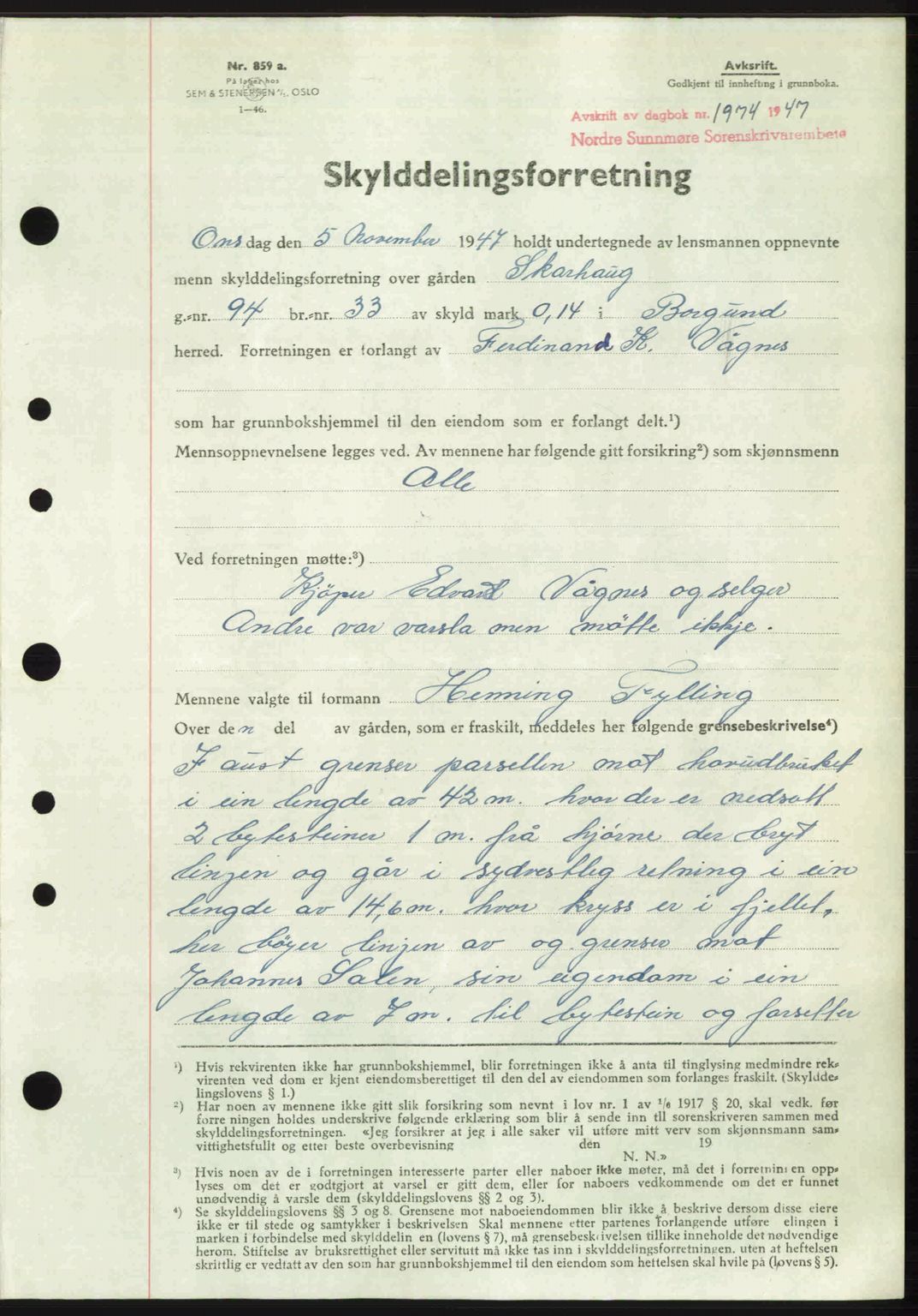 Nordre Sunnmøre sorenskriveri, AV/SAT-A-0006/1/2/2C/2Ca: Mortgage book no. A26, 1947-1948, Diary no: : 1974/1947