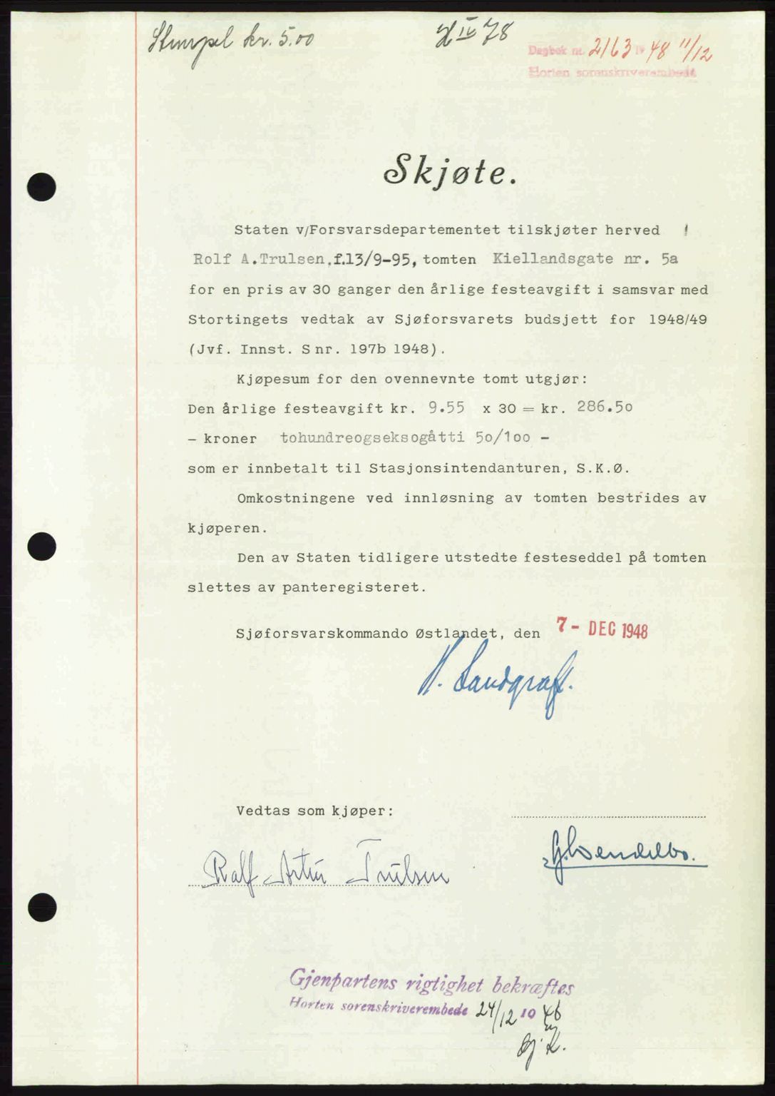 Horten sorenskriveri, AV/SAKO-A-133/G/Ga/Gaa/L0011: Mortgage book no. A-11, 1948-1948, Diary no: : 2163/1948