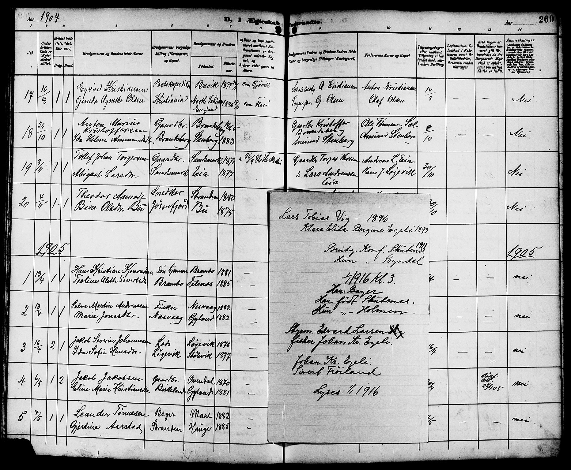 Sokndal sokneprestkontor, AV/SAST-A-101808: Parish register (copy) no. B 6, 1892-1907, p. 269
