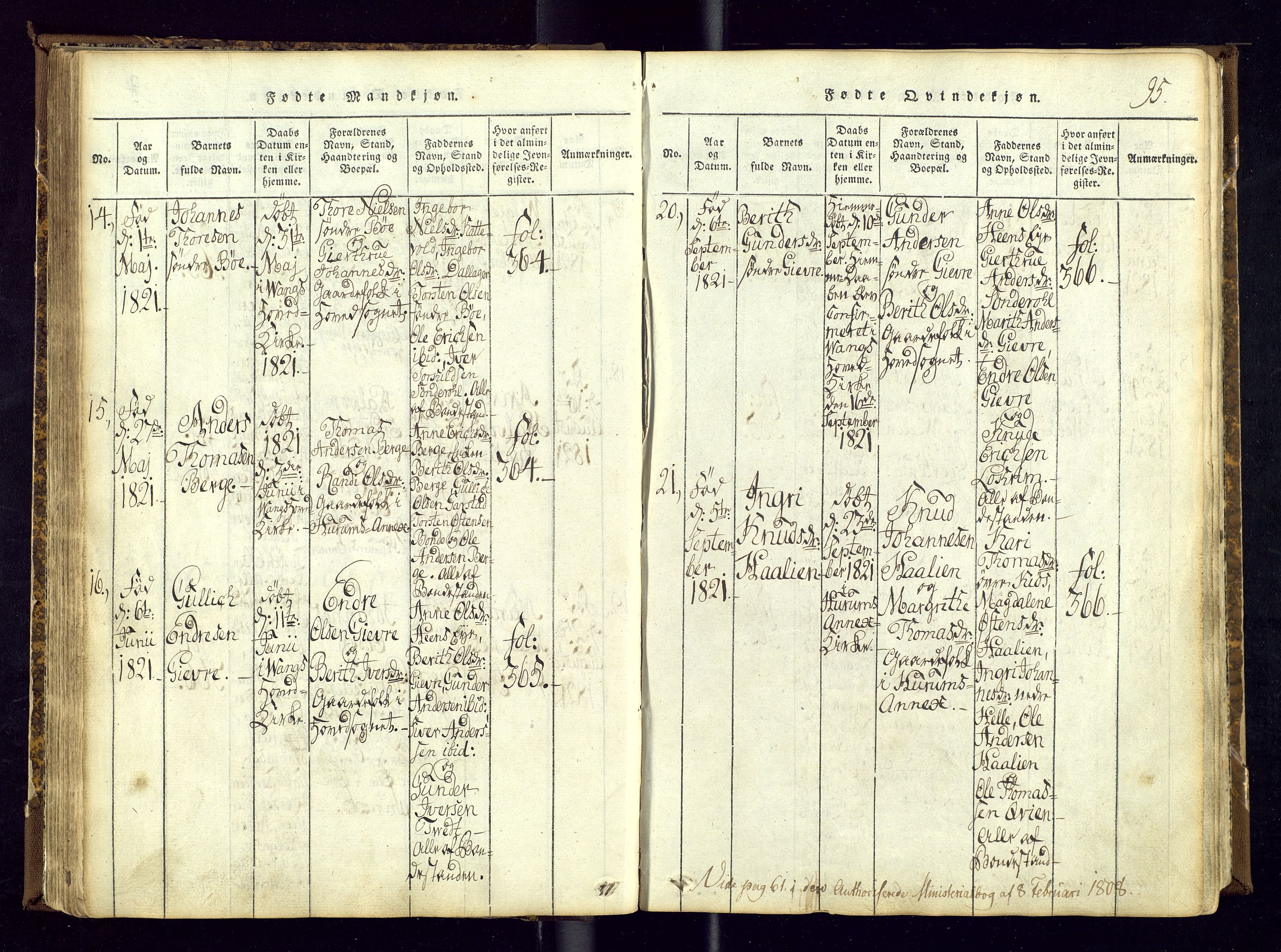 Vang prestekontor, Valdres, SAH/PREST-140/H/Ha/L0004: Parish register (official) no. 4, 1814-1831, p. 95